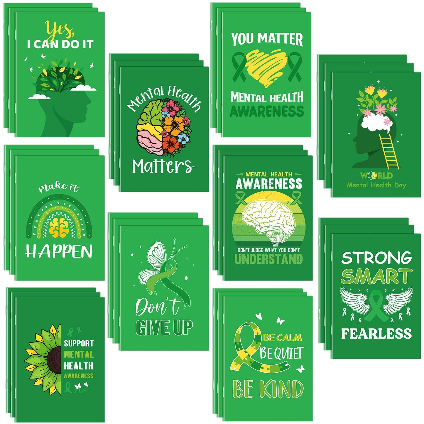 Dinifee 100 Pcs Mini Mental Health Notepads Small Memo Pad Notepads Bulk Mental Health Awareness Green Ribbon Pocket Notebooks, 10 Styles