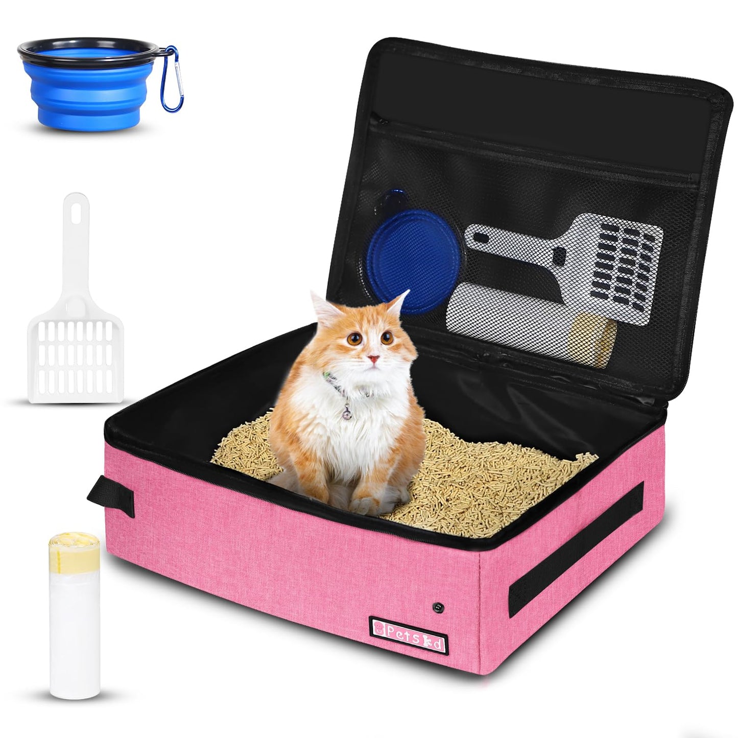 Petskd Portable Cat Travel Litter Box with Lid and 10 pcs Disposable Liner Bags, Leak-Proof and Collapsible, Cat Travel Essentials for Car, Hotel, Airplane and Other Outdoor Use(Pink)