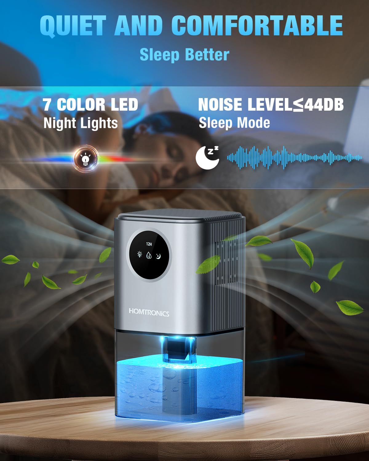 Homtronics 60 OZ Small Dehumidifiers for Home, with 7 Color LED Light, 8/12/24H Timer, 44dB Ultra-Quiet, Energy Saving Small Dehumidifier for Bedroom, Living Room, Office