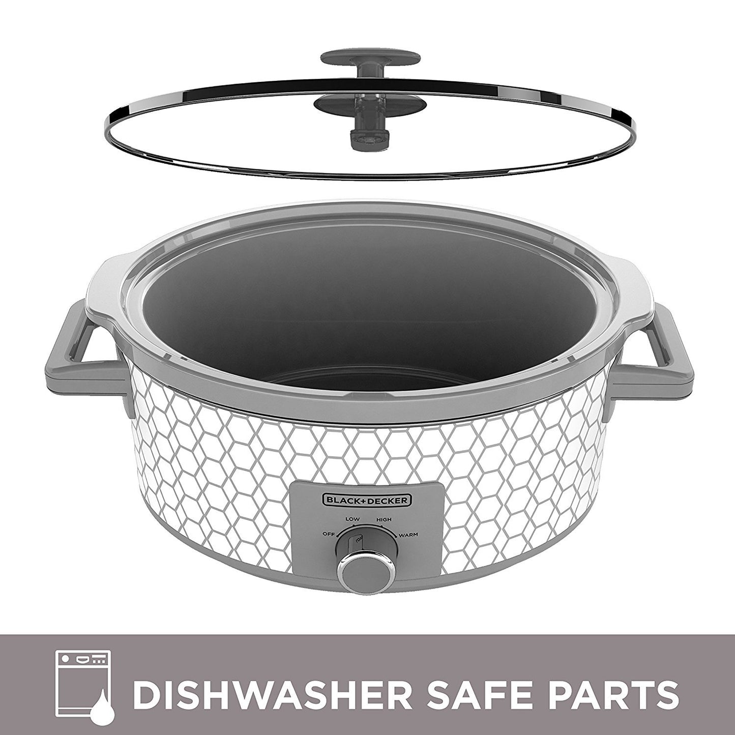 BLACK+DECKER Slow Cooker, 7 Quart (8+ Servings), Dishwasher Safe, Geometric Pattern, White, SC1007D