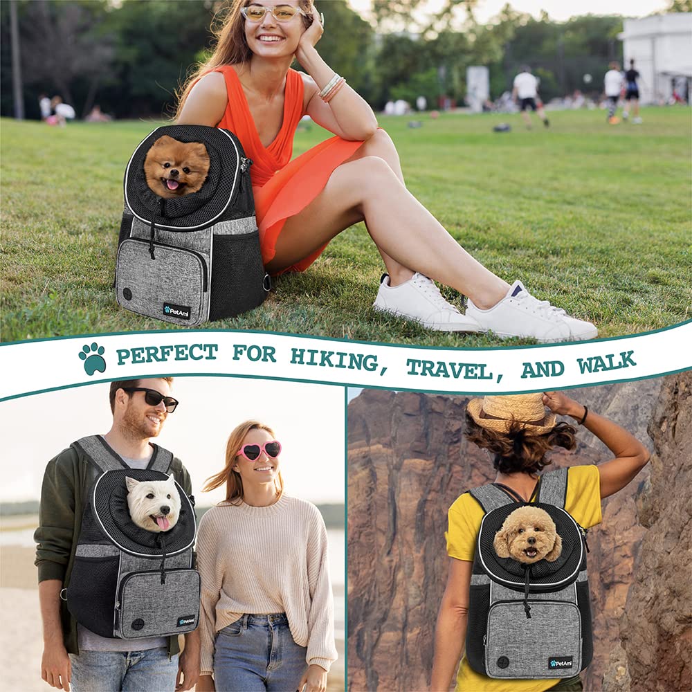 PetAmi Front Carrier Backpack for Dogs and Cats, Adjustable Ventilated Pet Chest Carrier for Hiking, Camping, Travel - Small to Medium Pets, Max 15 lbs, Gray