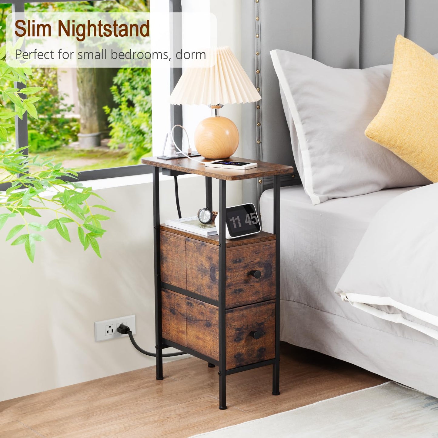 LOAKEKEL Narrow End Table with Charging Station, Skinny Side Table with 2 Fabric Drawers, Slim Nightstand for Living Room, Bedroom, Couch, Small Spaces, Rustic Brown, HETNDP02PBR-1