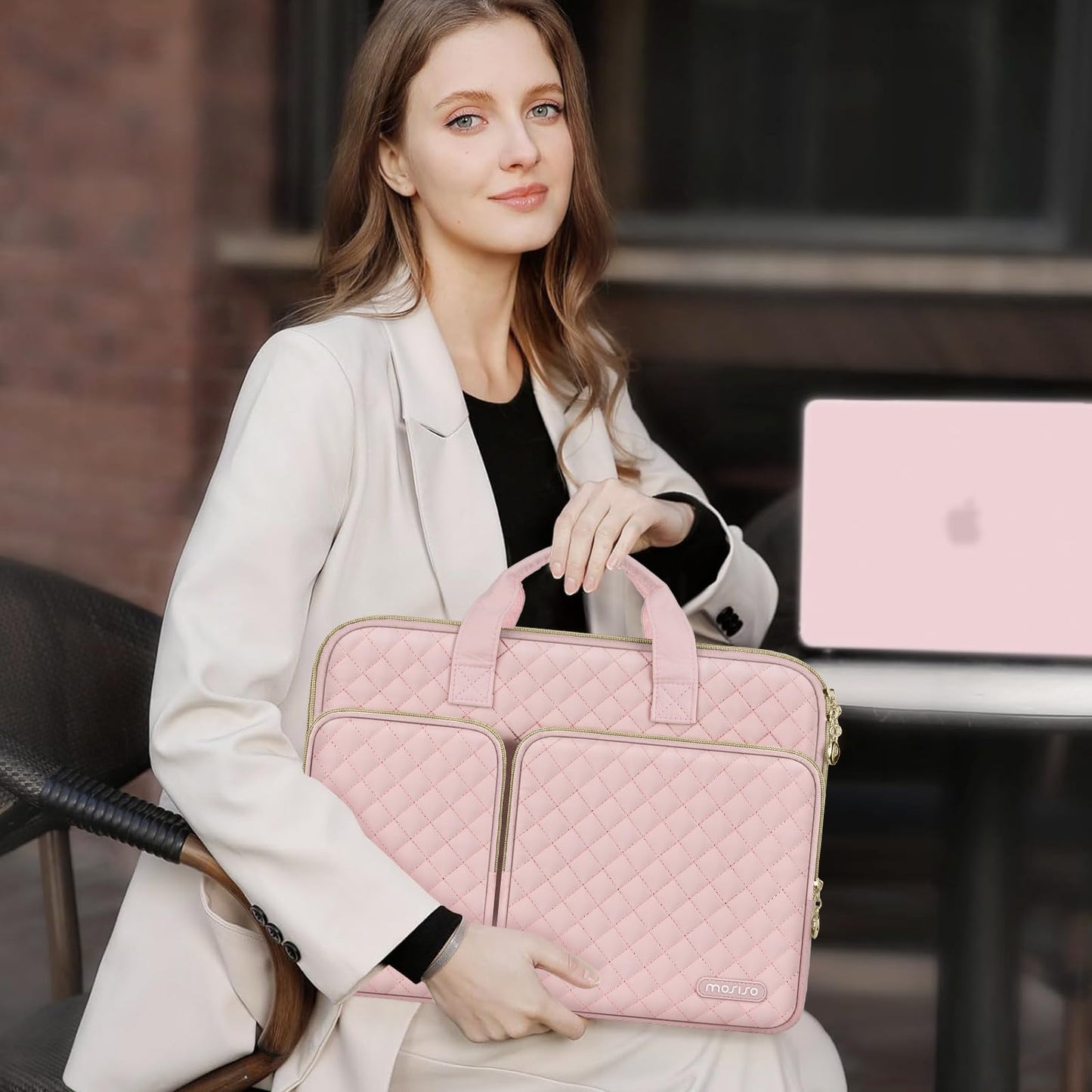 MOSISO 360 Protective Laptop Case 16 inch,15-15.6 inch Laptop Sleeve Compatible with MacBook Pro 16 M5 M4 M3 M2 M1 HP Acer Dell Lenovo,Square Quilted Bag Cover with 2 Pockets&Handle&Belt,Chalk Pink
