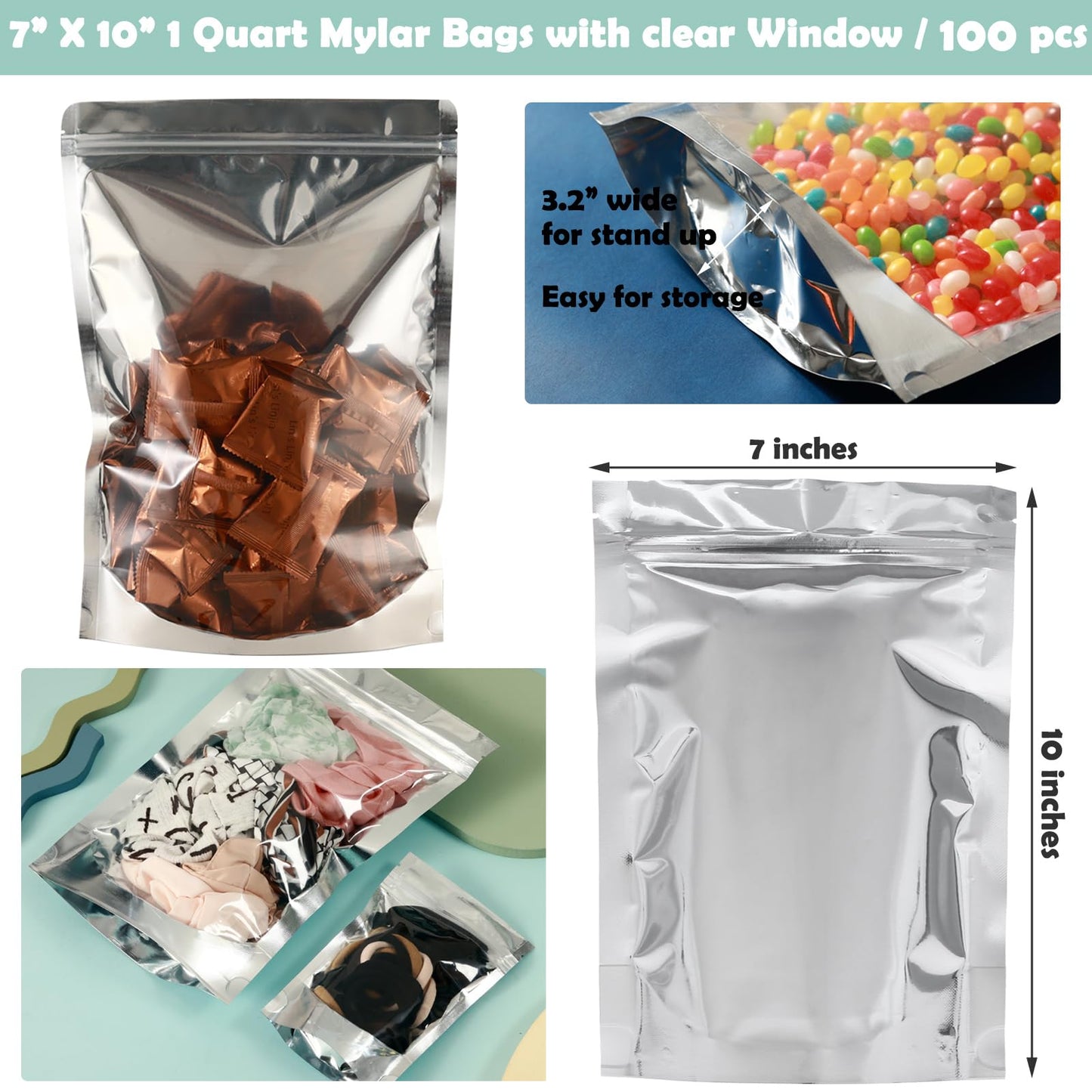 100-Pack Large Reclosable Mylar Bags for Food Storage 7" x 10" Stand Up Bags in Bulk 1 Quart Large Resealable Smell Proof Aluminum Foil Bags with Clear Window Kitchen Storage Edible Packaging