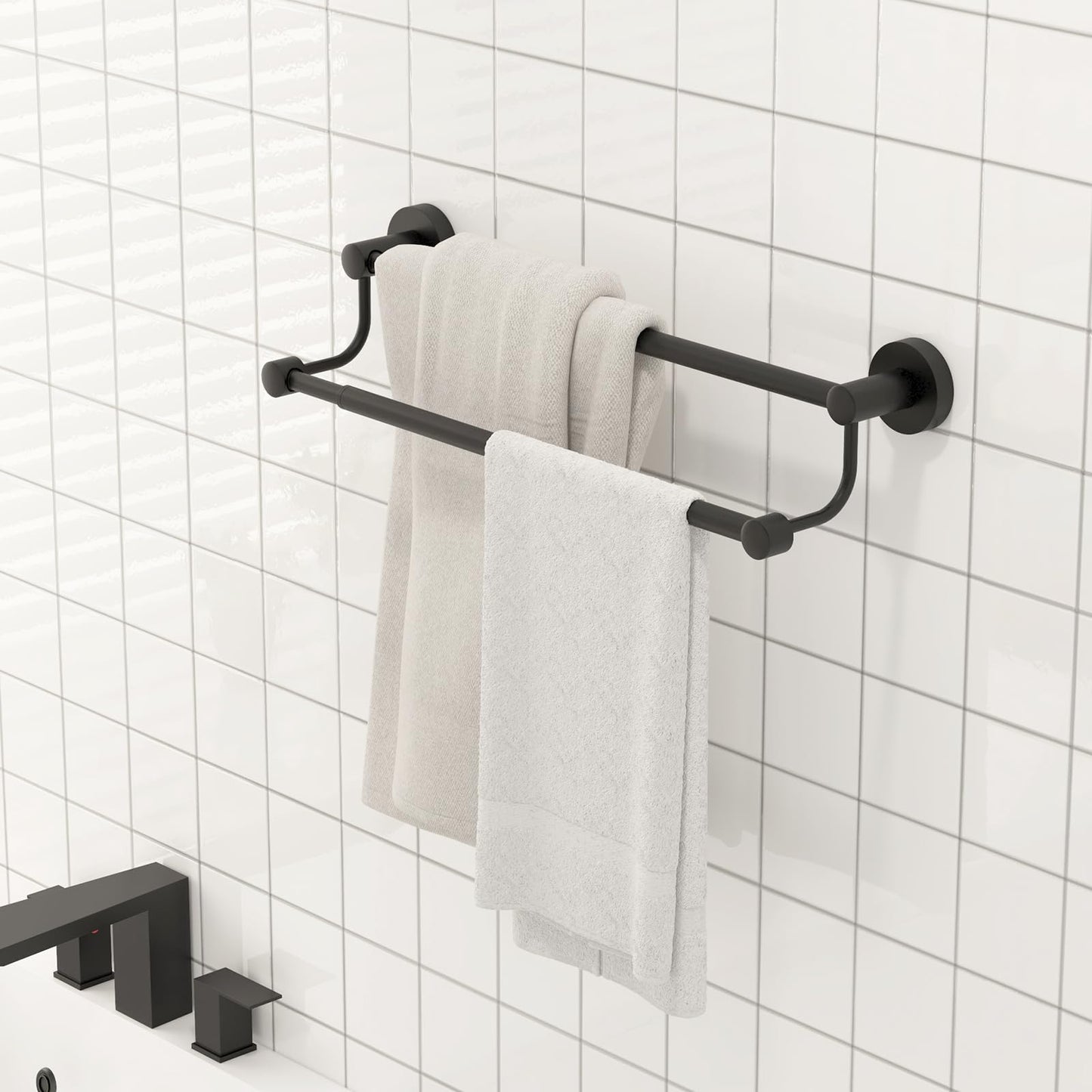 BESy Adjustable 16-26 Inches Double Towel Bar for Bathroom SUS304 Stainless Steel Towel Holder, Hotel Style Wall Mount with Screws Hand Towel Bar Towel Rack Rod Hanger, Matte Black Finish