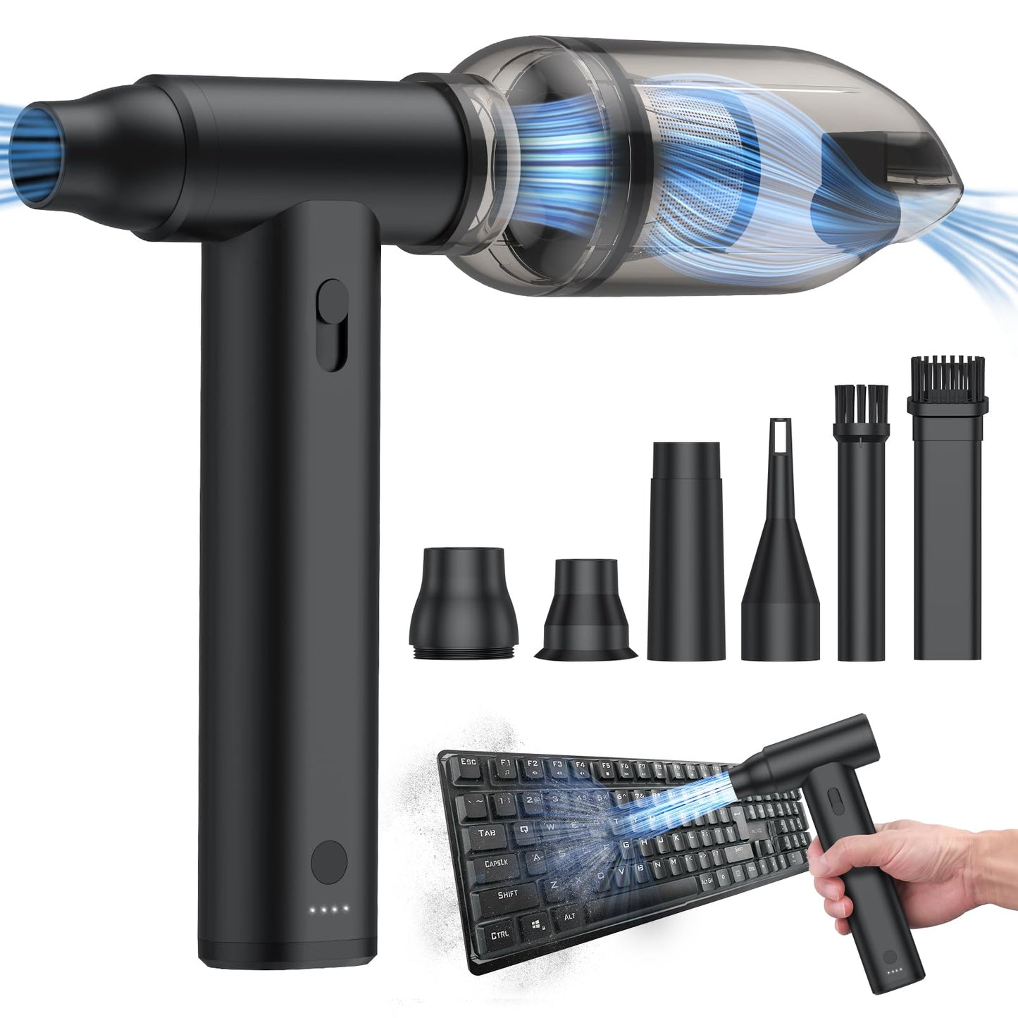 2-in-1 Air Duster and Vacuum Cleaner Cordless Air Blower with Adjustable Speed 37m/s, 4 Removable Nozzles, Rechargeable Mini Blower for Keyboard, PC, Car Cleaning and Outdoor Use
