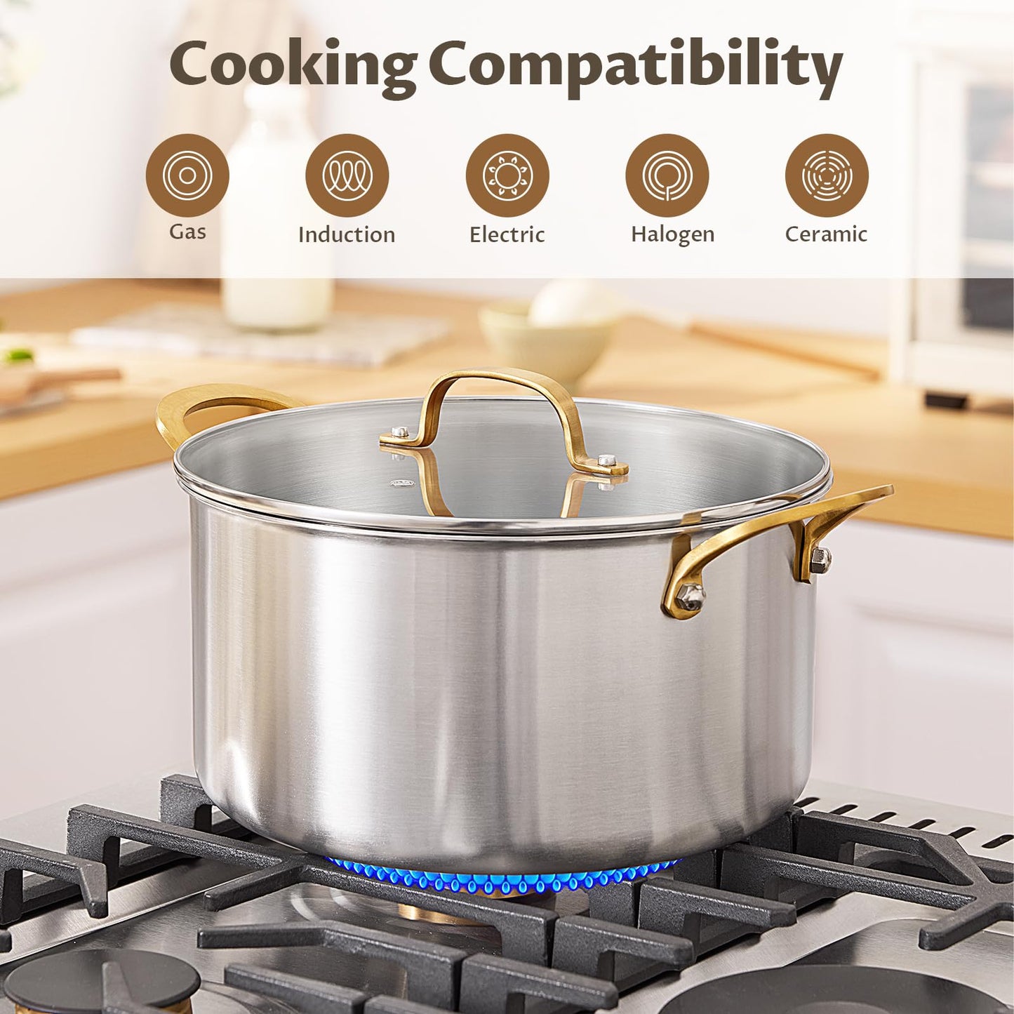 BEZIA 8 Quart 3-Ply Stainless Steel Stockpot, Soup Pot with Lid in Fully Clad Tri-Ply Stainless Steel, Even Heat Distribution, Cooking Pot with Handles, All Cooktops Compatible, Perfect for Stew