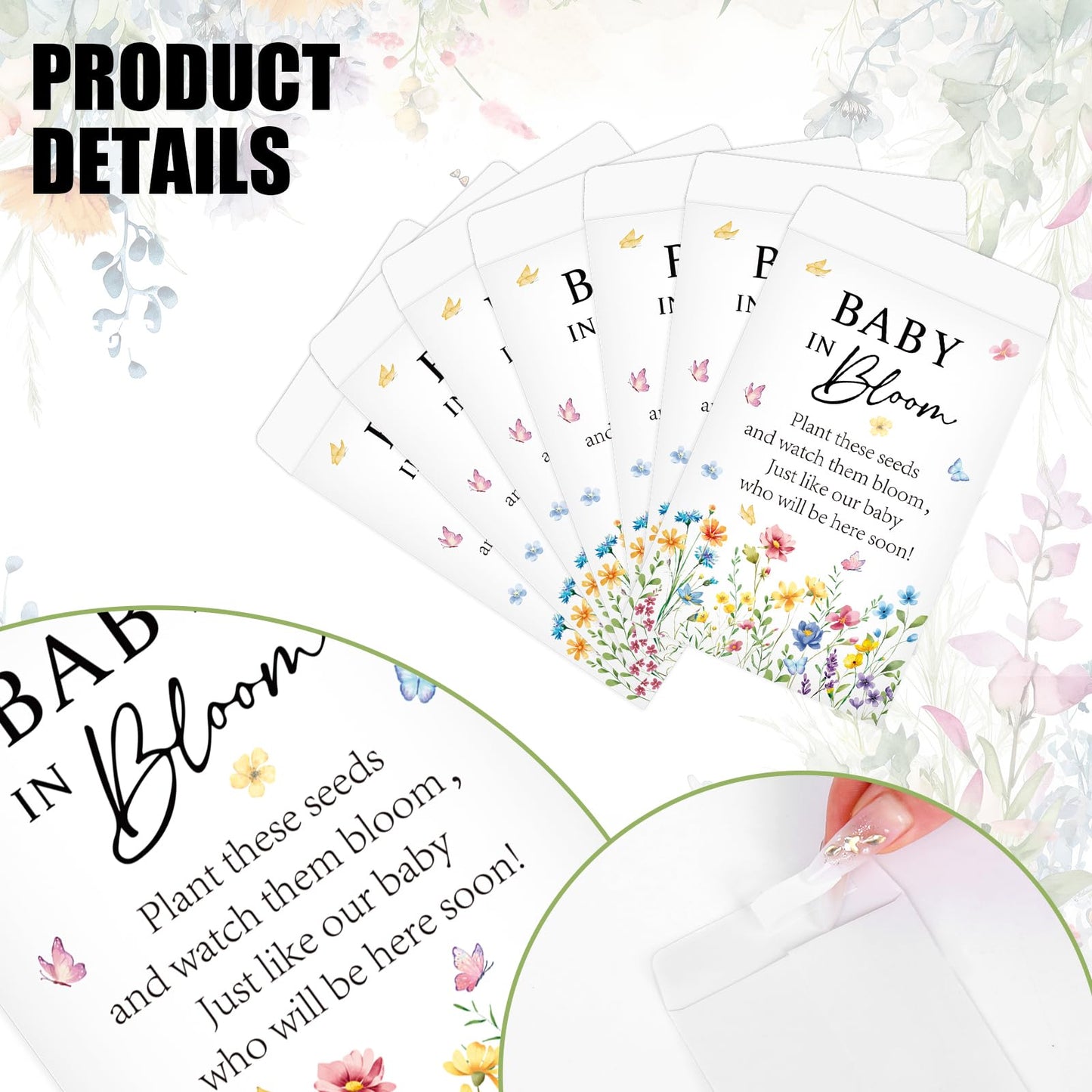 JarThenaAMCS 100Pcs Baby in Bloom Seed Packets Wildflower Baby Shower Party Favors for Guests Flower Self-Adhesive Envelopes Floral Seed Storage Pockets for Gender Reveal Party Supplies