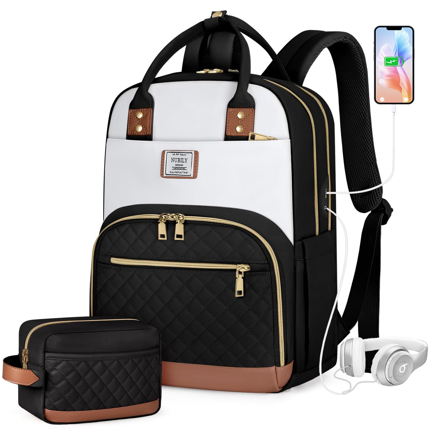 NUBILY Laptop Backpack for Women 15.6 Inch School Backpack for Girls Waterproof Travel Backpack Carry On 2 Set Anti Theft Backpacks Womens Backpack with Accessory Purse Book Bag Lightweight Black