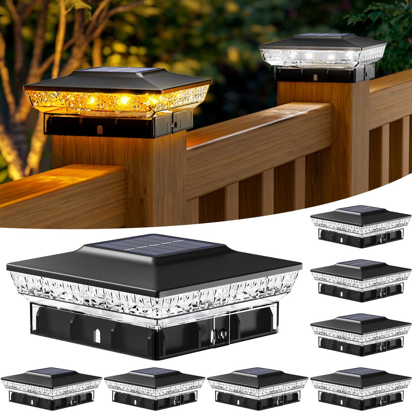 btfarm 8 Pack 4x4 Solar Post Caps Lights with 16 LED, 2 Modes Fence Post Solar Powered Lights, Waterproof Deck Solar Lights Outdoor Fits Vinyl Wooden Post for Patio Garden, Warm/Cool White (Black)