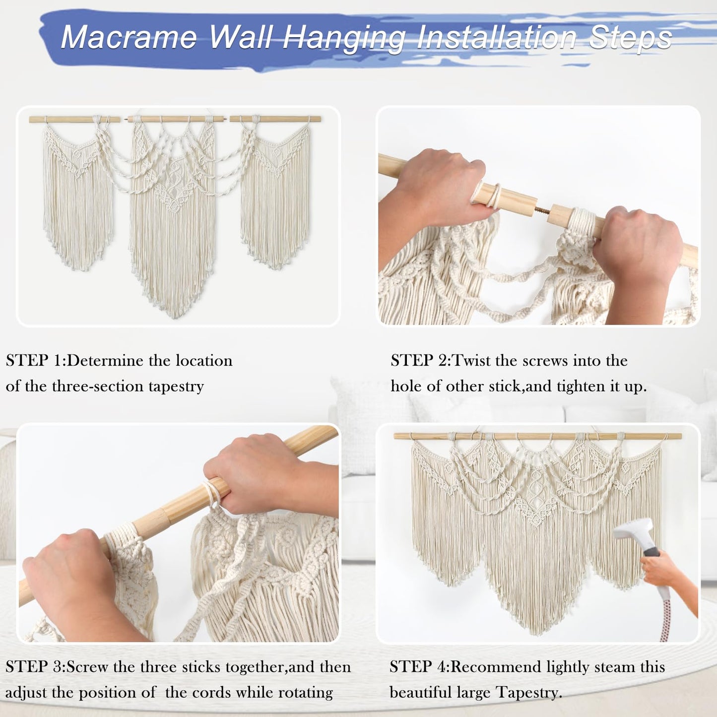 Betylifoy Macrame Wall Hanging Large Boho Chic Woven Tapestry Beige Tassel Tapestry Cotton Rope Woven Wall Art Decor for Bedroom Living Room Apartment Dorm Backdrop (Beige-fringe)