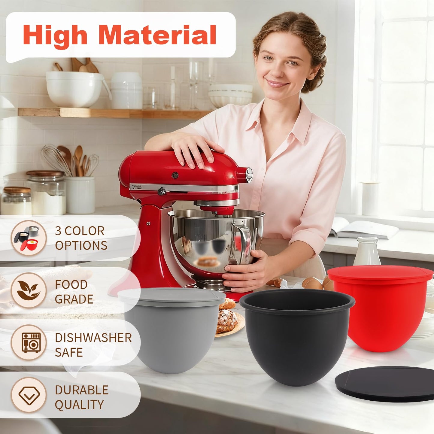 Silicone Bowl Liners with Lids for KitchenAid 5 Qt Mixers, 3-Pack Mixing Bowl Inserts Accessories