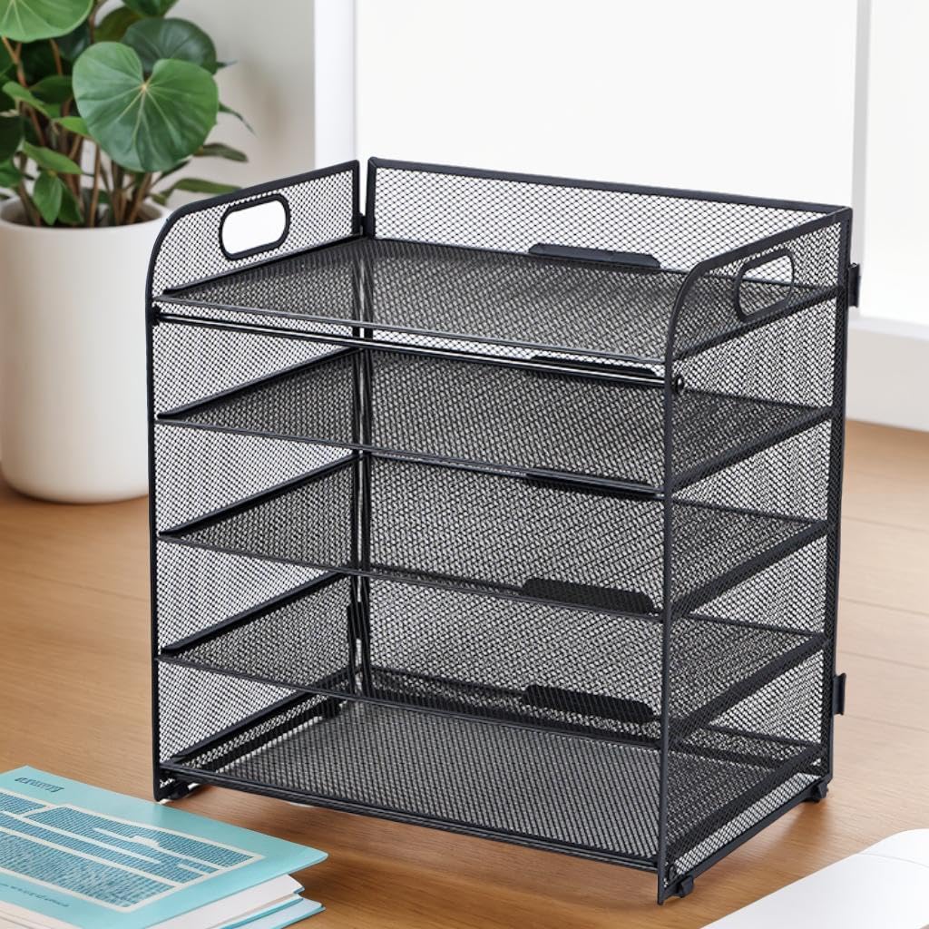 ECIC 5 Trays Paper Organizer Letter Tray with Handle-Mesh Desk File Organizer, Paper Sorter for Office, Home or School, Black