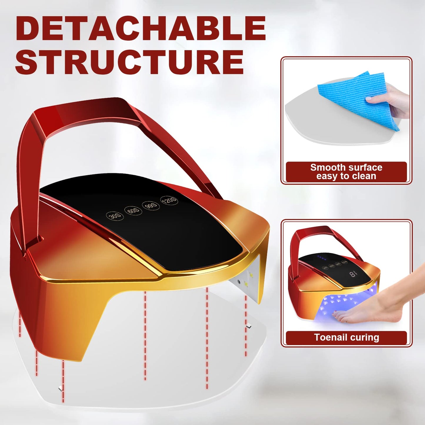 96w Cordless LED Nail Lamp with Portable Handle Professional Curing UV Lamp for Gel Nails Auto Infrared Sensor and 4 Timers (Red)