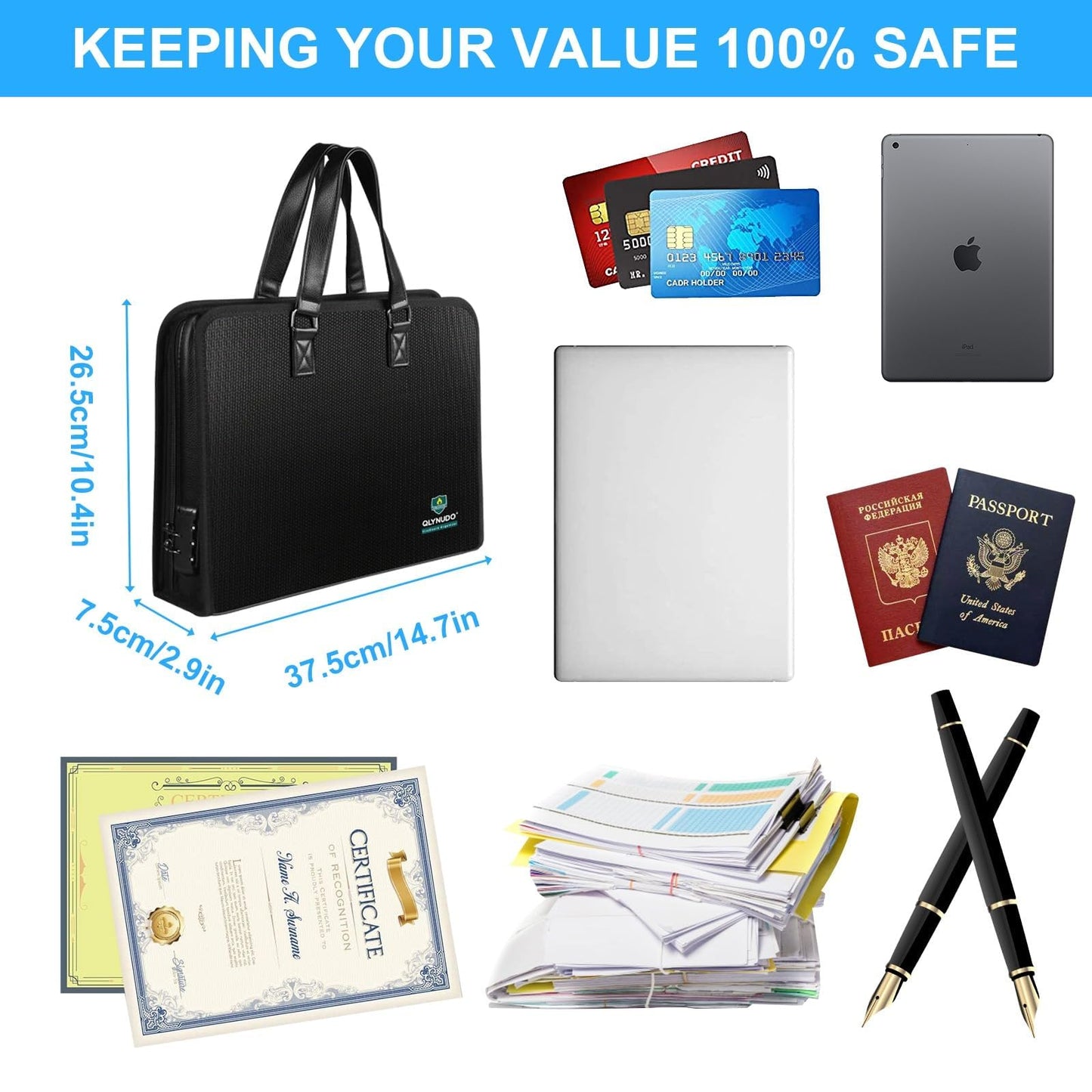 Portable Fireproof Important Document Organizer Binder with Lock for A4 Size, 13-Pocket Expanding File Folder with Zipper & Labels for Personal Document Storage, Business, and Estate Planning