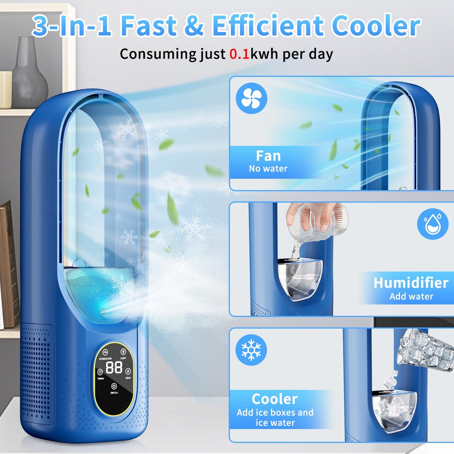 Mini Air Cooler - 3 in 1 Air Conditioner with Water Tank Touch Control - 3 Modes Portable Evaporative Air Cooler - AC Cooler Mist 6H Timer&6 Speeds - Quiet Small Swamp Cooler for Room Office Summer
