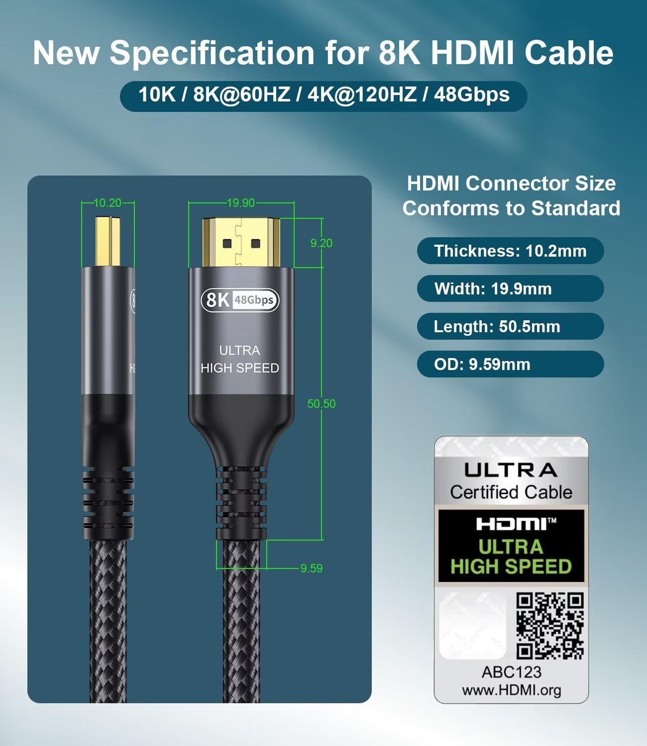 Certified 8K HDMI 2.1 Cable 7m, 48Gbps Ultra High Speed HDMI Cable 4K 144Hz 120Hz 8K 60Hz Support eARC DTS:X Dolby Atmos Dynamic HDR10 HDCP 2.3 Compatible MacBook Pro 2021 Gaming PC OLED TV Roku