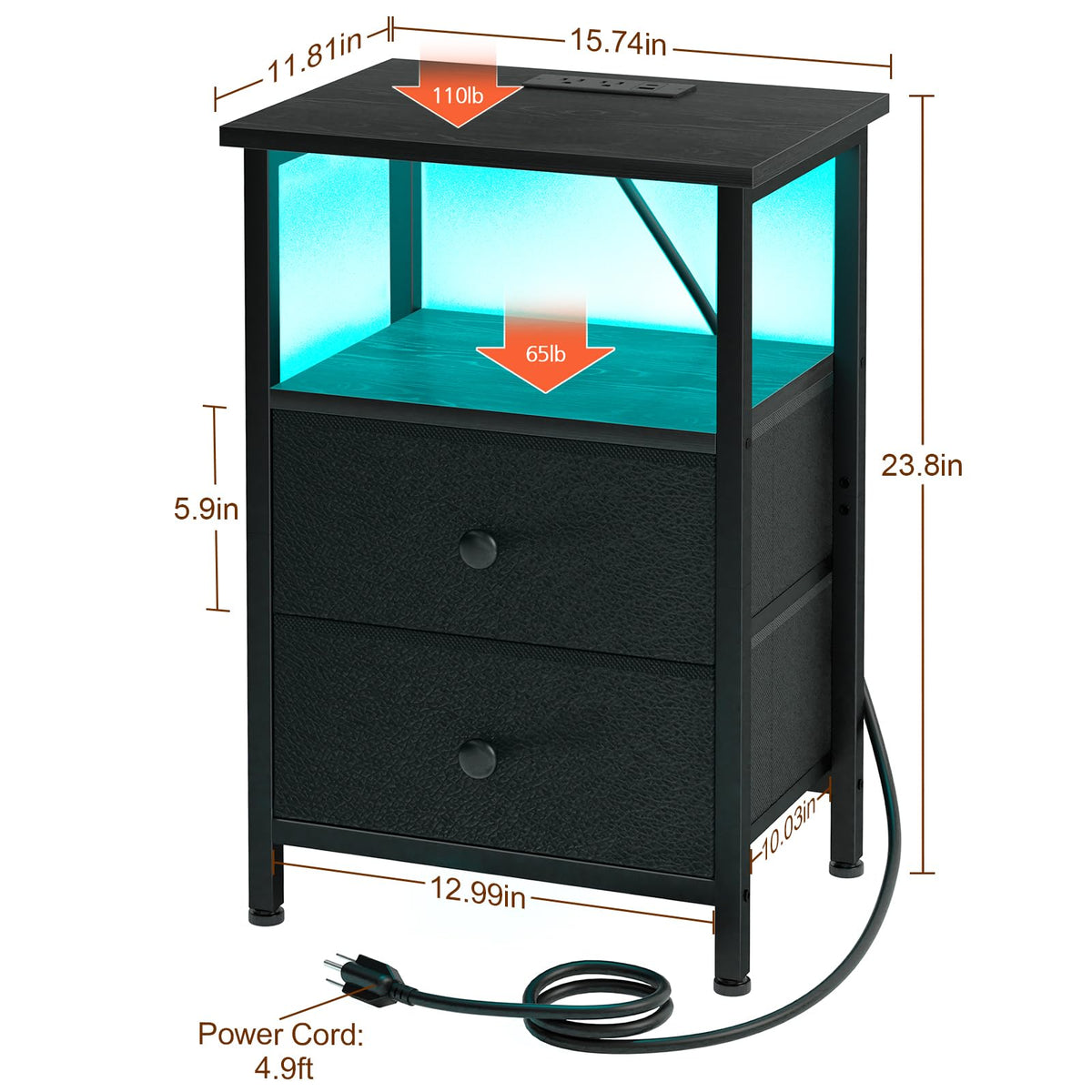 LOAKEKEL Nightstand with Charging Station, End Table with 2 Fabric Drawers, LED Night Stand for Bedroom, Small Bed Side Table with USB Ports and Outlets for Living Room, Black, HETS02BK-1