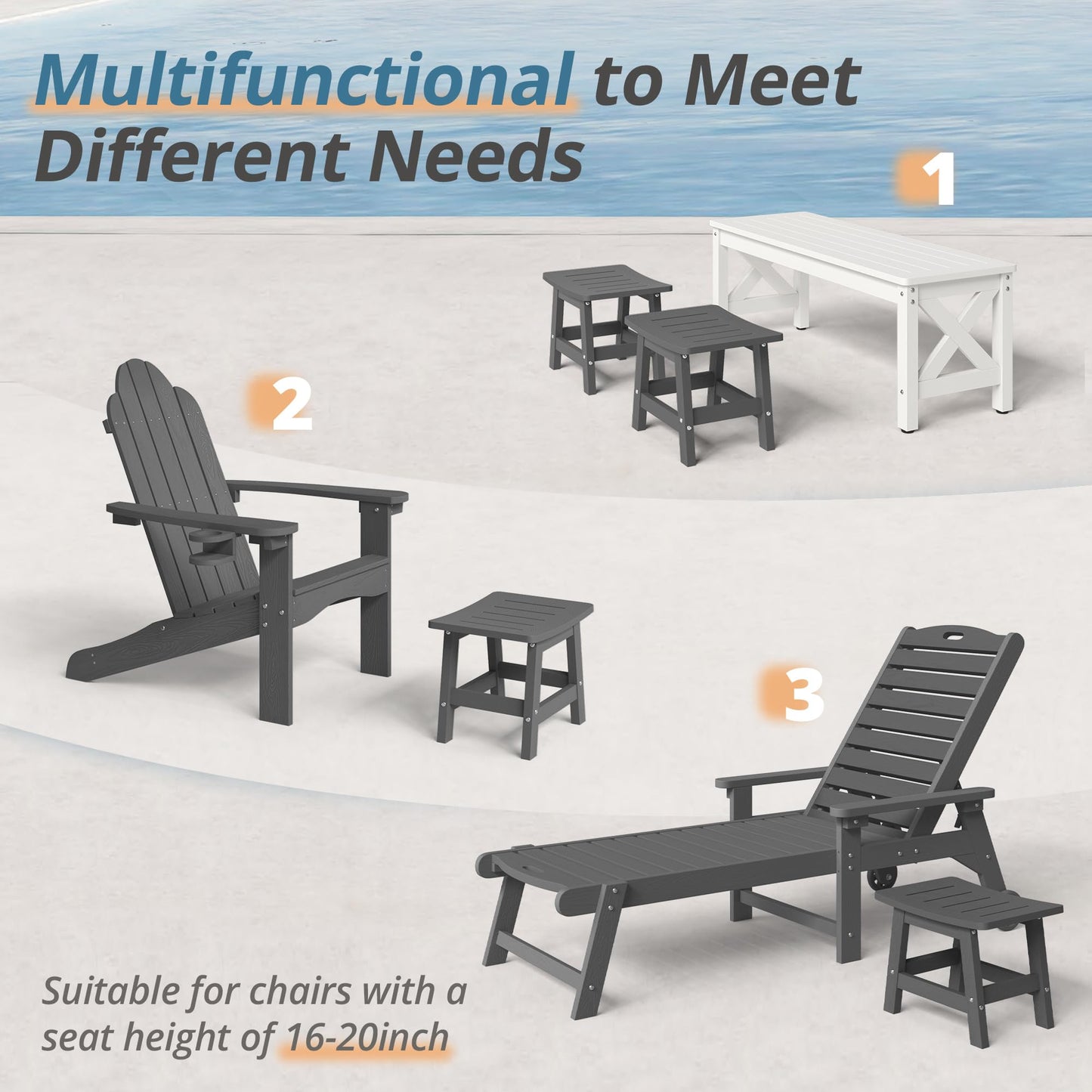 LUE BONA Outdoor Adirondack Ottomans, Footrest Footstool, Outdoor Foot Rest for Patio, HDPS All Weather Waterproof Footrest Footstool for Adirondack Chair, （Dark Gray，1）