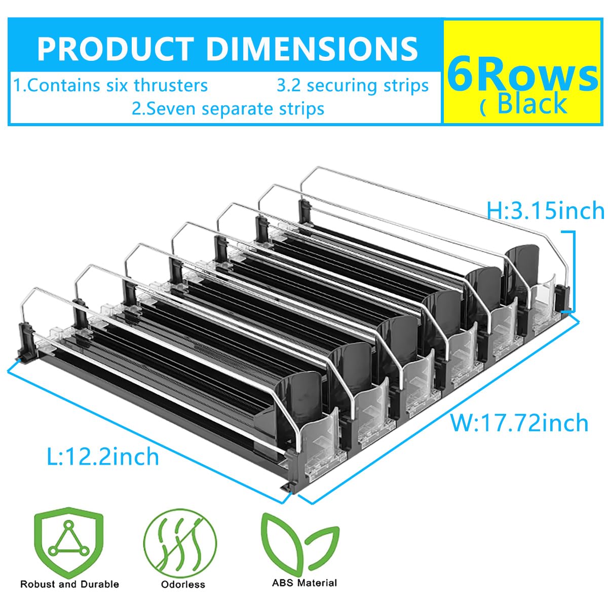 OBA-HORSE Drink Organizer for Fridge, Self-Pushing Drink Dispenser Fridge, Adjustable Width Fridge Can Organizer (Black, 6 Rows 12.2" D × 17.72" W)