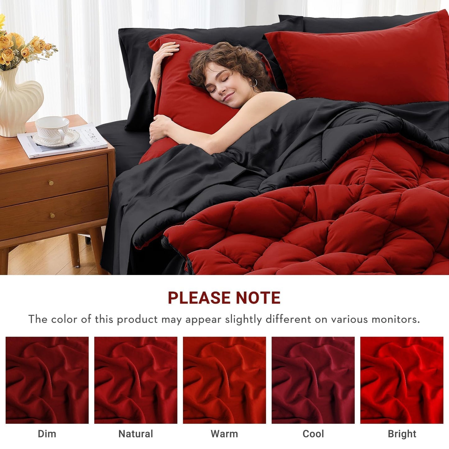 MUXHOMO 7 Pieces King Size Comforter Set, Reversible Bed in a Bag King, All Season King Bedding Set with Comforter, Flat Sheet, Fitted Sheet, Pillowcases & Shams, Red & Black