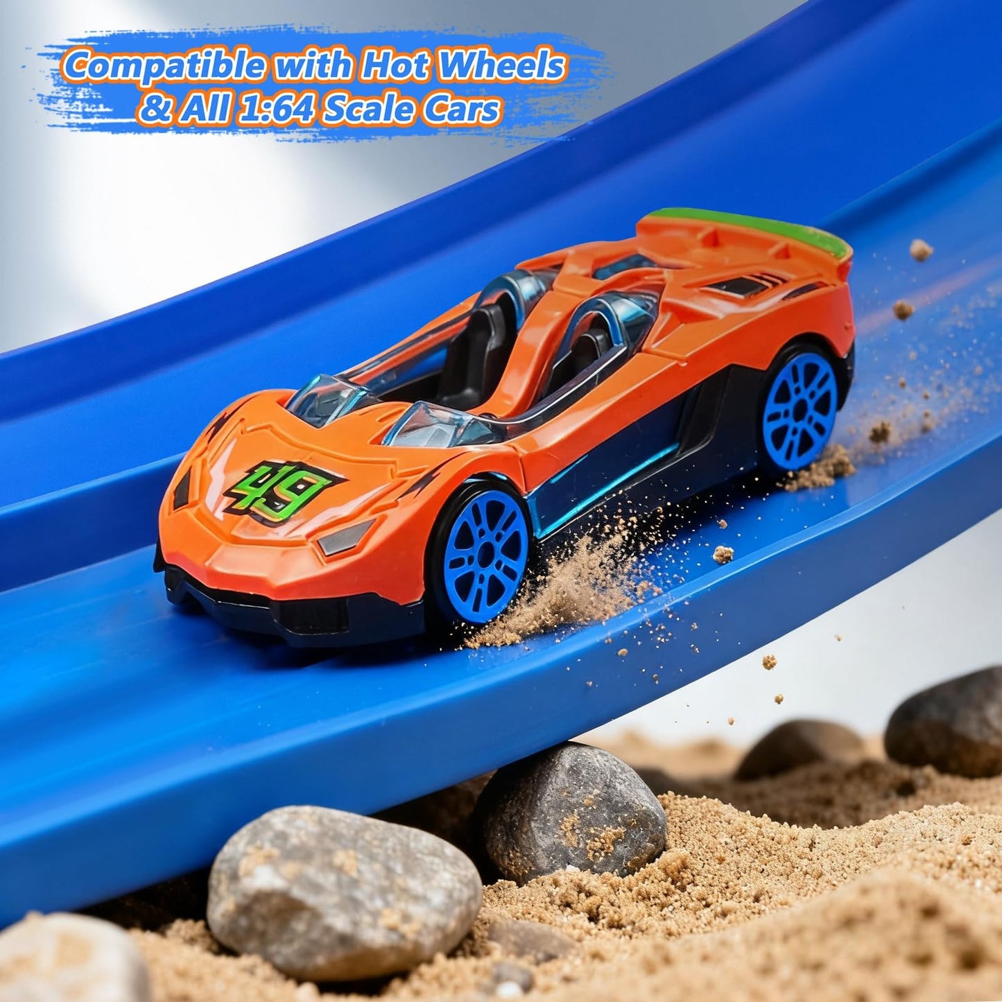 FALDAA 15ft Flexible Race Track for Kids with 6 Cars & 6 Suction Cups, Race Car Ramp Toy Compatible with Hot Wheels and 1/64 Diecast Cars, Portable Slot Car Track for Ages 3+