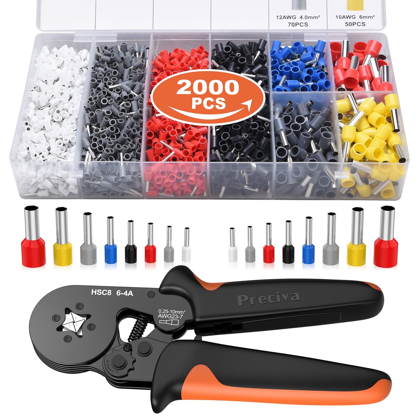 Ferrule Crimping Tool Kit with 2000PCS Wire Connectors, Preciva AWG23-7 Self-Adjustable Ratchet Wire Crimping Tool Kit Crimper Plier Set