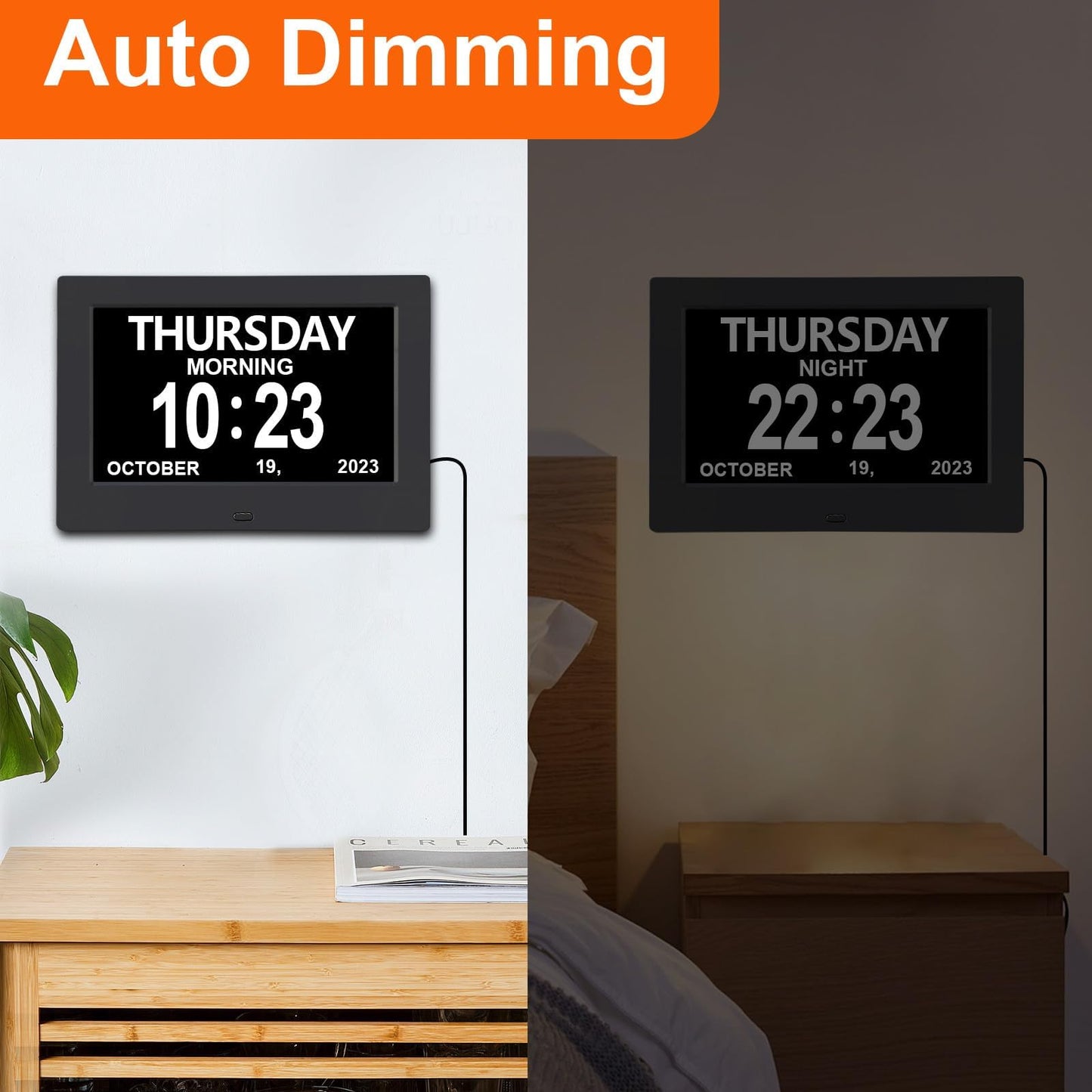 Yuanzeco Alarm Clock with Day and Date for Elderly 3Displays 7inch Digital Calendar Day Clock Photo Frame- Auto Dimmable Display 15 Alarm Options, Day Clock with Non-Abbreviated Day & Month (Black)