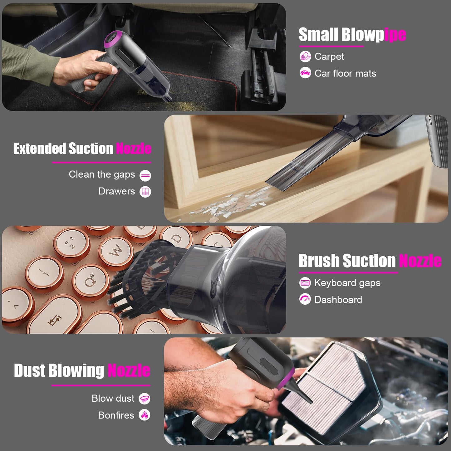 7000Pa Mini Vacuum Cleaner: Handheld Vacuum & Electronics Duster & Hand Pump Cordless Keyboard Vac Kit 3-Gear Compressed Air Blower for Computer Sewing Machine Laptop Car Home Office (Grey)