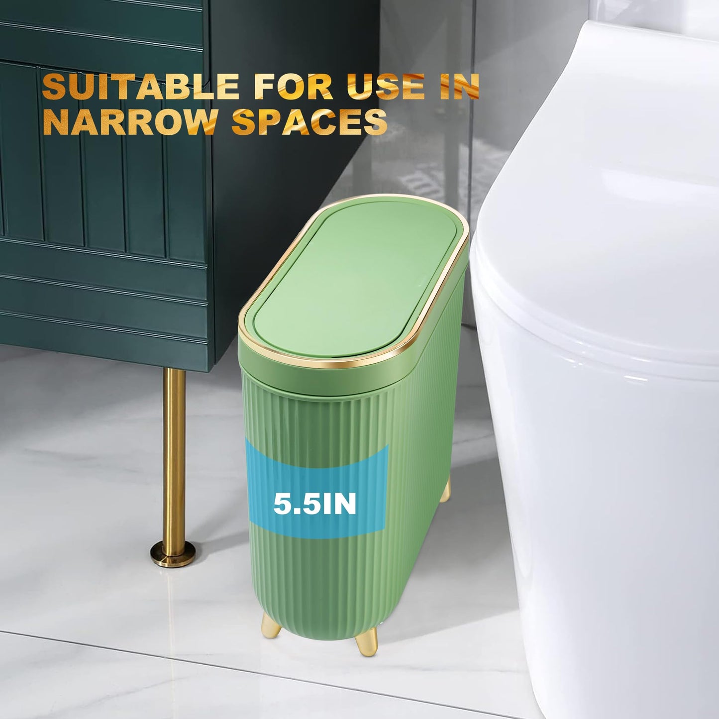 Supteron Bathroom Trash Can with Lid 3.2 Gallon Narrow Trash Can Small Plastic Trash Bin 12 Liter Rectangular Plastic Garbage Can with Press Type Lid for Bedroom Bathroom