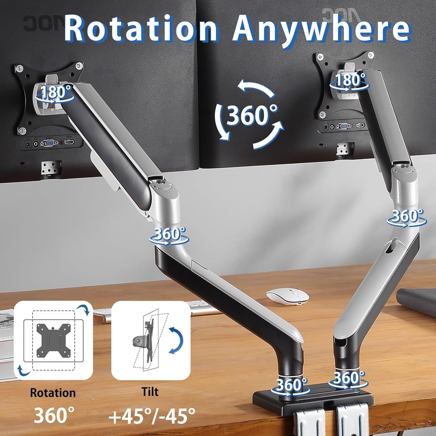 ETHU Heavy Duty Monitor Arm, Gas Spring Monitor Stand for 17-45 Inch Screens up to 37.4 lbs, Adjustable Monitor Mount with C-Clamp & Grommet Base, Ergonomic Computer Monitor Mount (Dual Black)