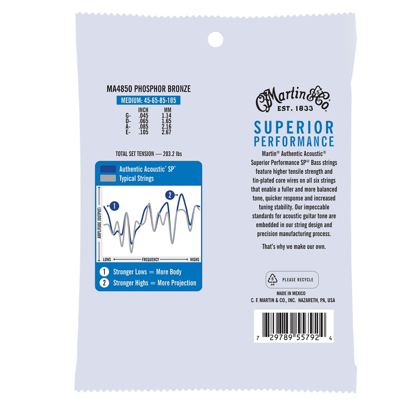 Martin Authentic Acoustic® SP® Bass Strings – Phosphor Bronze, Medium Gauge | Long-Lasting Tone, Corrosion Resistance & Tuning Stability | 4-String Acoustic Bass Set