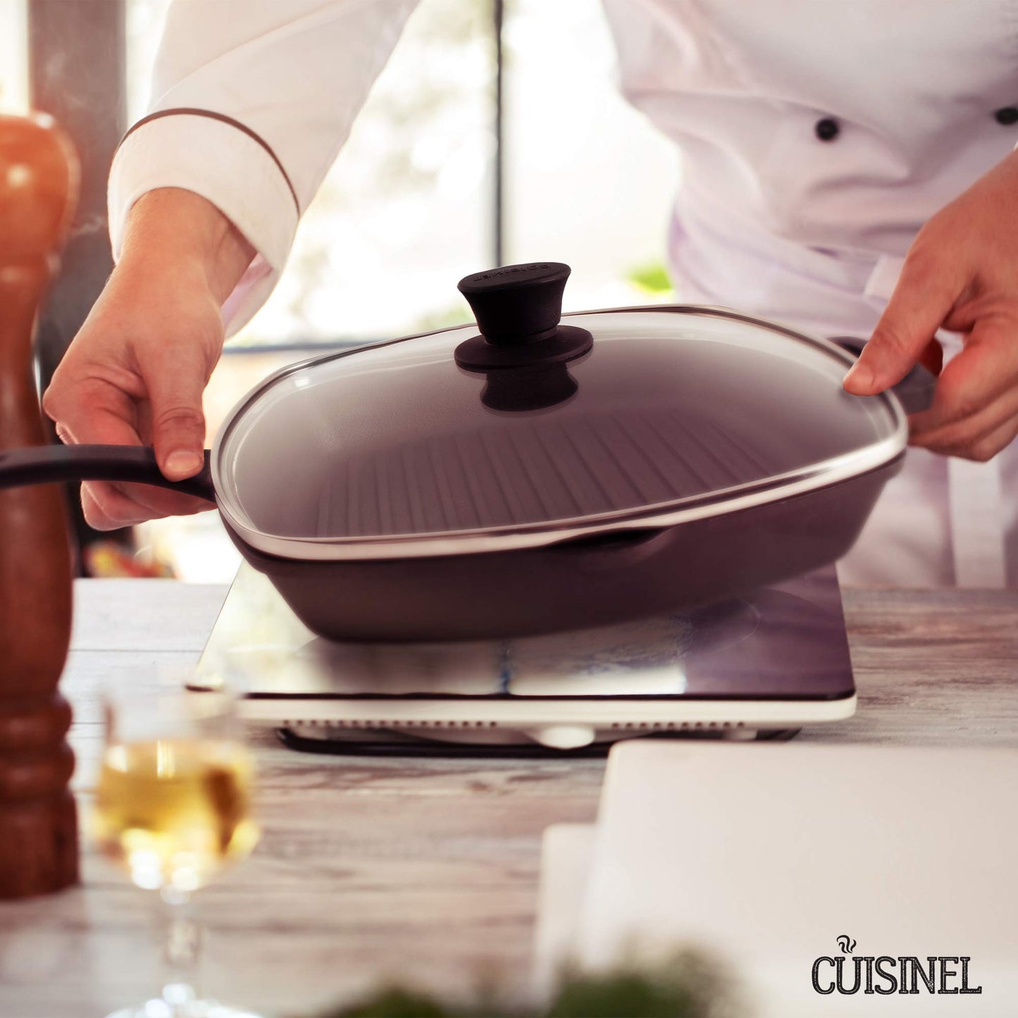 Cast Iron Square Grill Pan with Glass Lid - 10.5 Inch Pre-Seasoned Skillet with Handle Cover and Pan Scraper - Grill, Stovetop, Induction Safe - Indoor and Outdoor Use - for Grilling, Frying, Sauteing