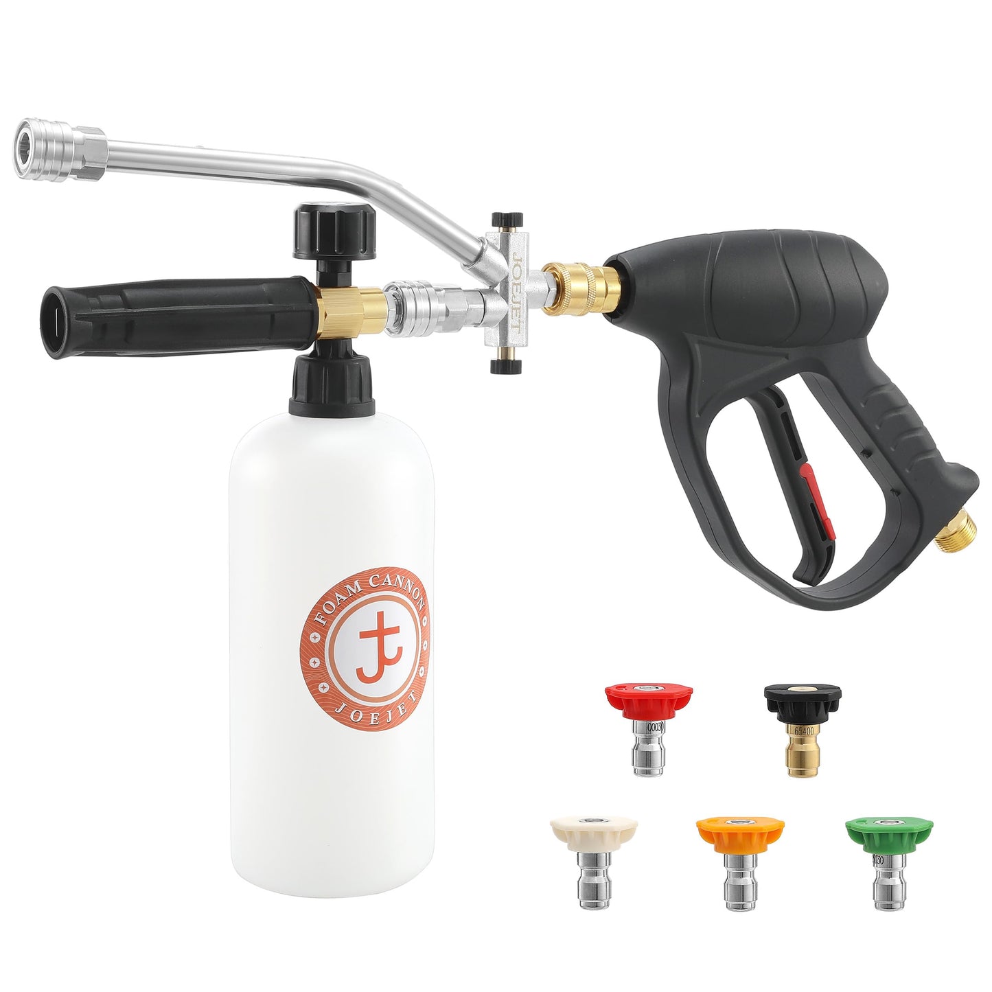 JOEJET Short Pressure Washer Gun with Foam Cannon Dual Connector Accessory, Car Wash Foam Gun with 1/4 Inch Quick Connector, 5 Pressure Washer Nozzle Tips, 1 Liter
