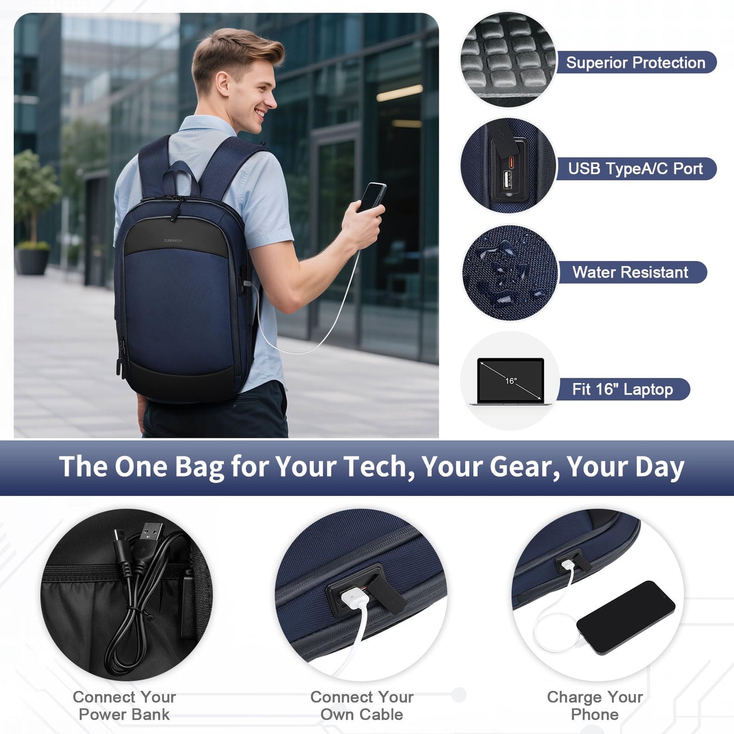 SUIKIHUM 15.6 Inch Laptop Backpack, Expandable with USB Port, Water-Resistant for Work, College and Travel, Blue