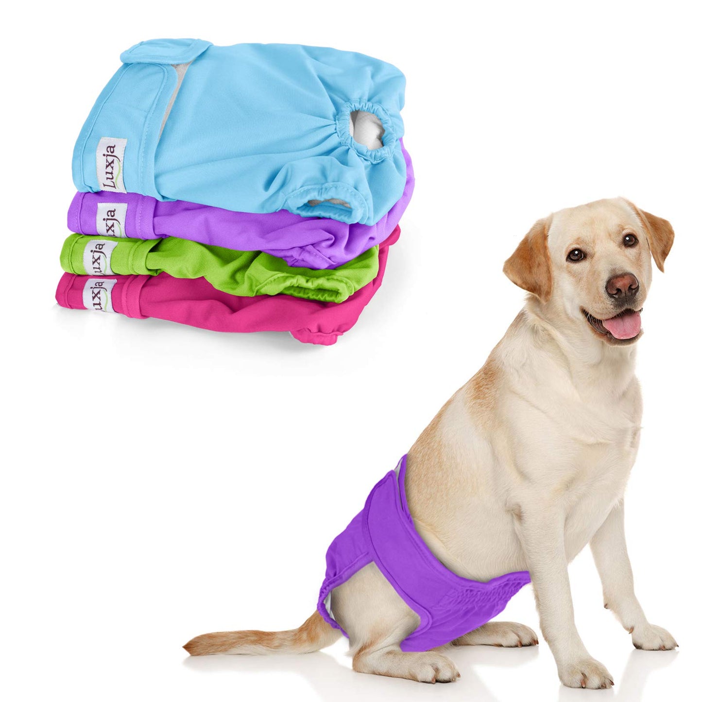 Luxja Reusable Female Dog Diapers (Pack of 4), Washable Wraps for Female Dog (Large 2, Sky Blue+Purple+Green+Rose Red)