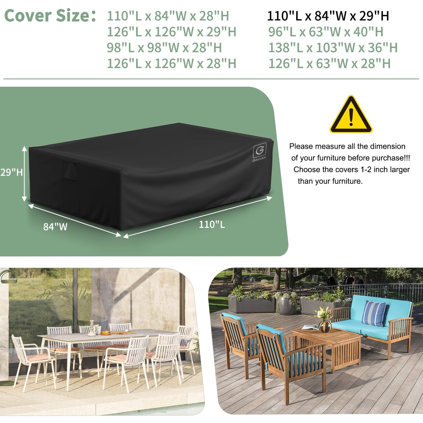 Gasadar Outdoor Patio Furniture Covers Waterproof,500D Oxford,All Weather Protection Patio Table Covers for Outdoor Furniture Set,110" L x 84" W x 28" H,Black