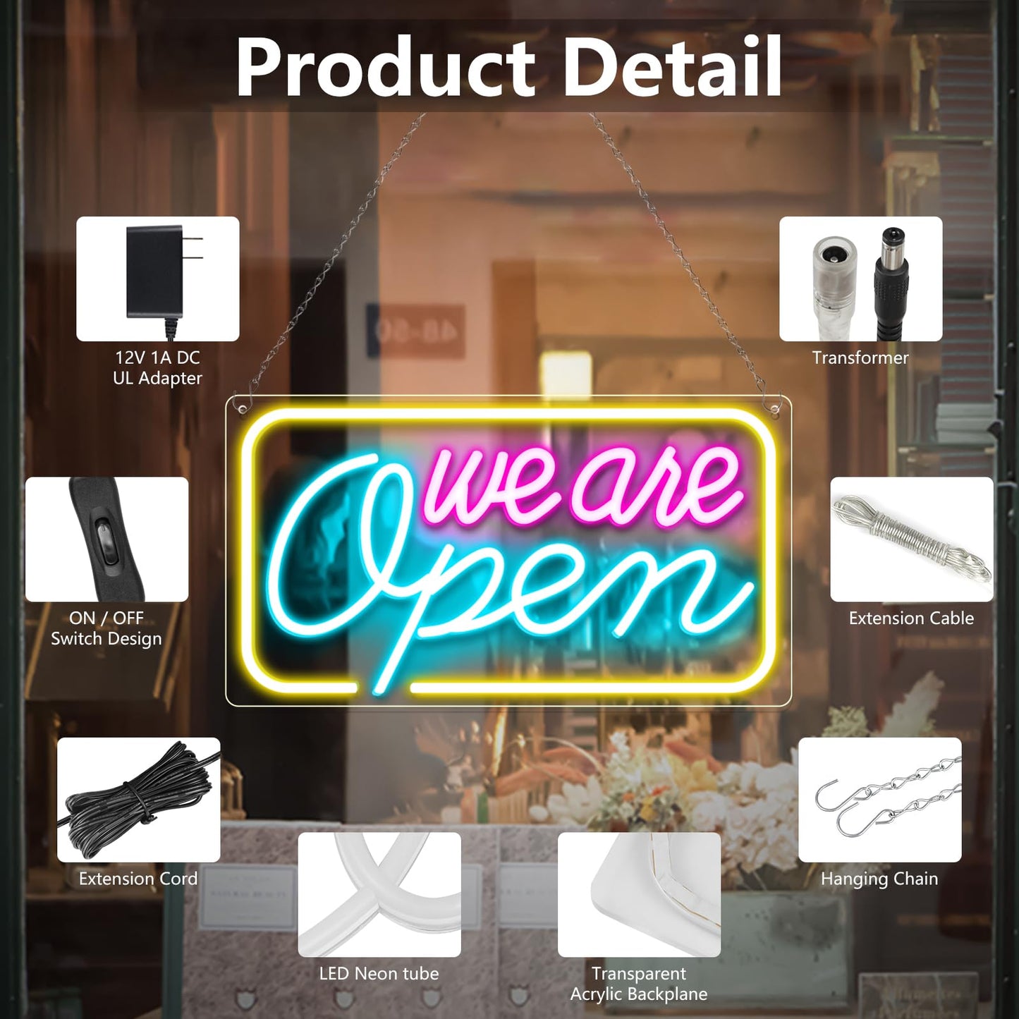 Neon We Are Open Signs for Business, 16.5''x 9'' Open Sign LED, Super Bright & Easy to Spot Open Neon Sign(Pink&Blue&Yello), with ON/OFF Switch & Adapter, Ideal for Window, Party, Wall, Bars, Coffee