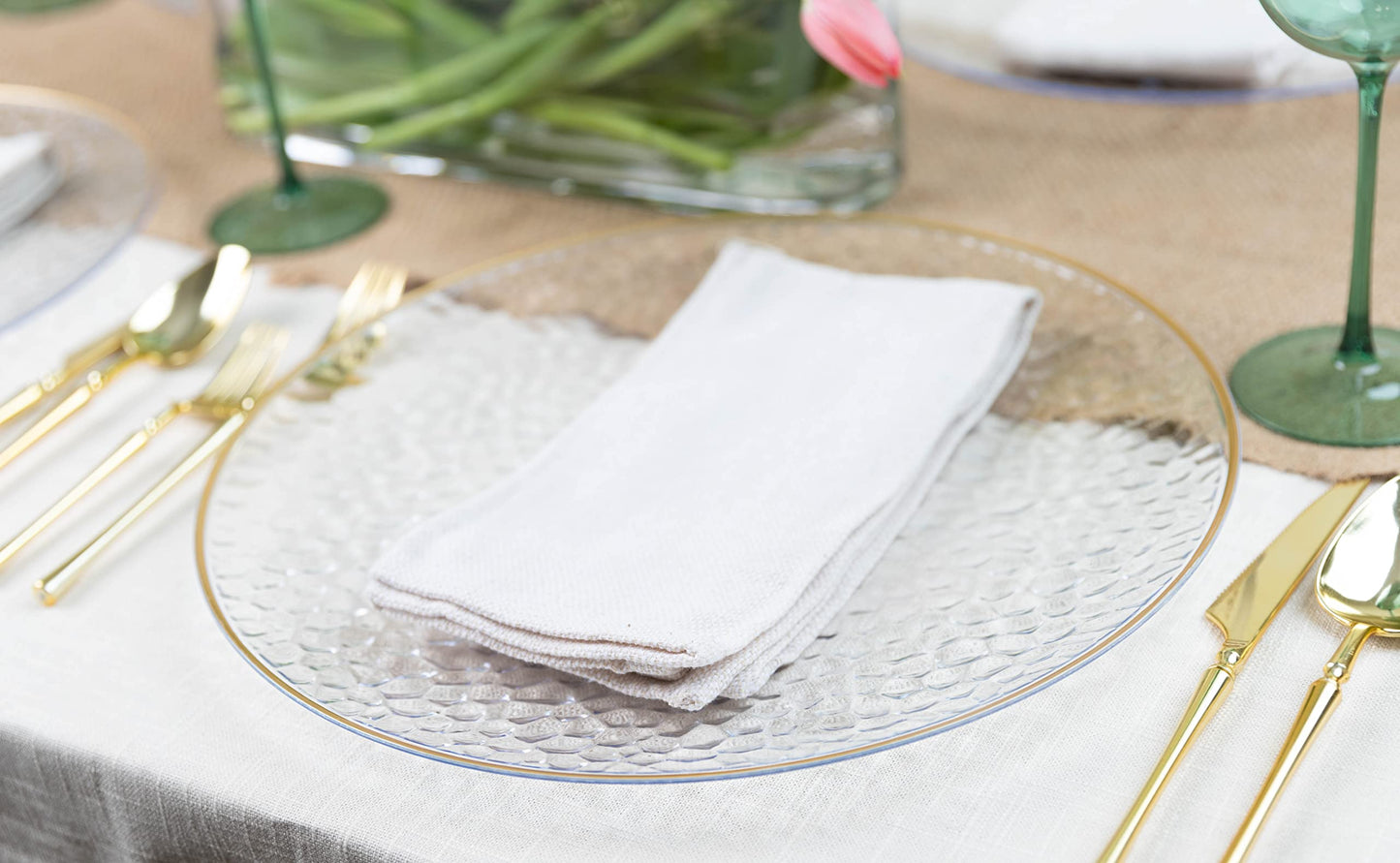 [Clear Hammered With Gold Rim 8 Pack] 13'' Charger Plates Clear Hammered With Gold Rim Plastic Heavy Duty Disposable Dinner Chargers Serveware Dishes Platters Tableware for parties, Weddings