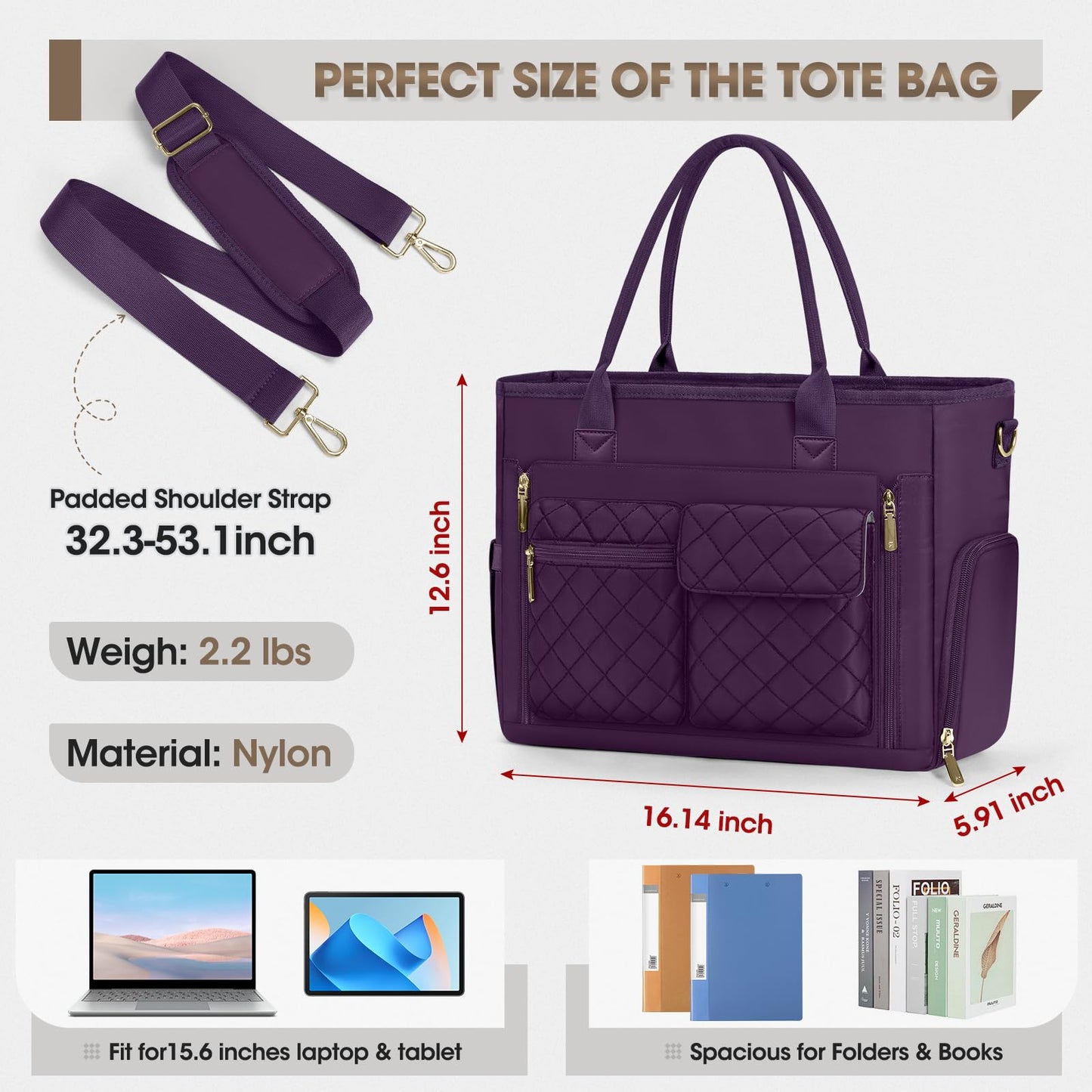 RAINSMORE Teacher Tote Bag with Insulated Lunch Compartment 15.6 inch Laptop Bag for Women Large Work Bags Nurse Bags Professional Briefcase Computer Handbag for Office, College, Nursing, Dark Purple
