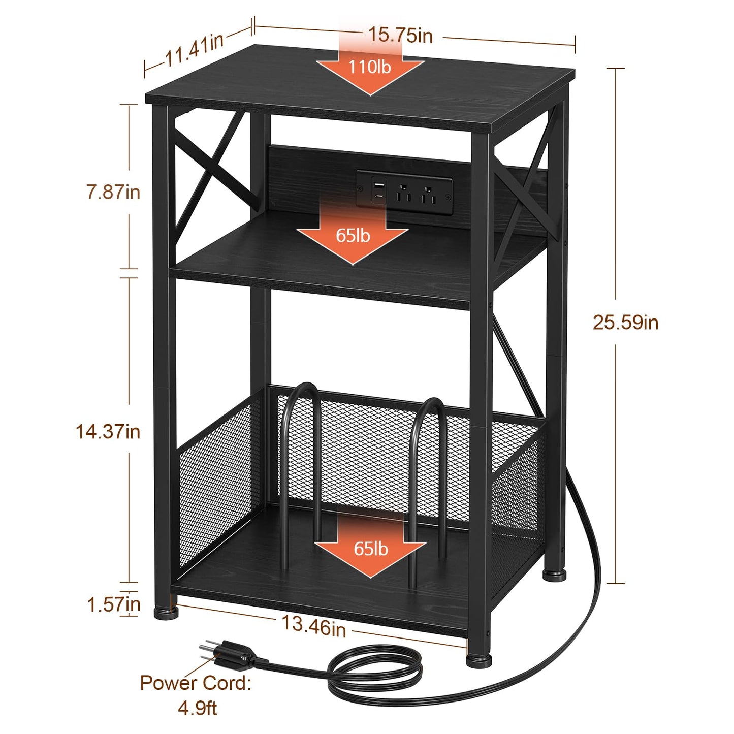 AMHANCIBLE Record Player Stand with Charging Station, Turntable Stand with Storage Cabinet, 3 Tier End Table Hold Up to 100 Albums, Record Stand for Vinyl, Living Room, Black, HETCD01BK-1