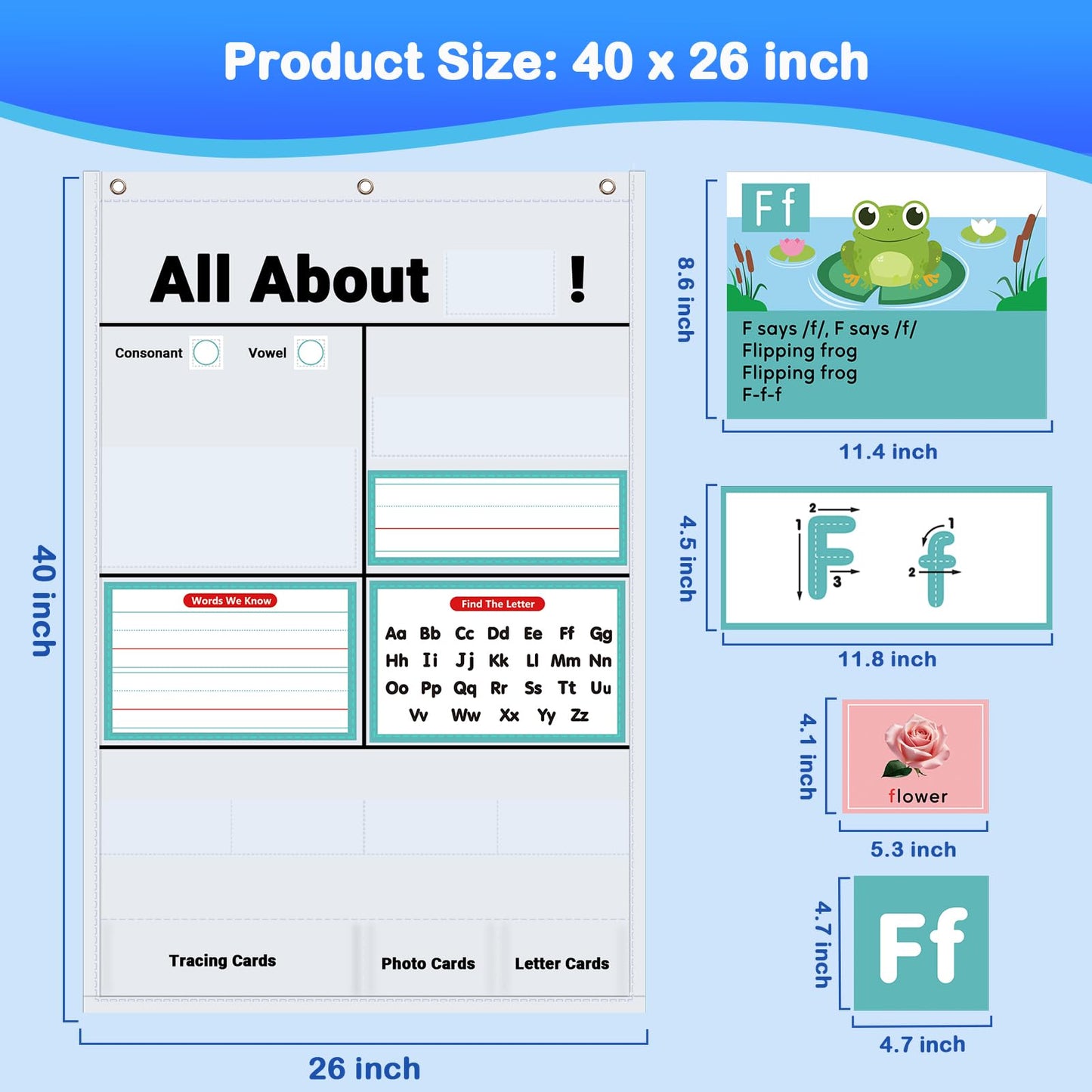 Klyrith All About Letters Pocket Chart for Classroom, Alphabet Learning Chart with ABC Flash Cards, Letter Tracing Educational Wall Chart, Circle Time Center Kindergarten Preschool Home Decor, (White)