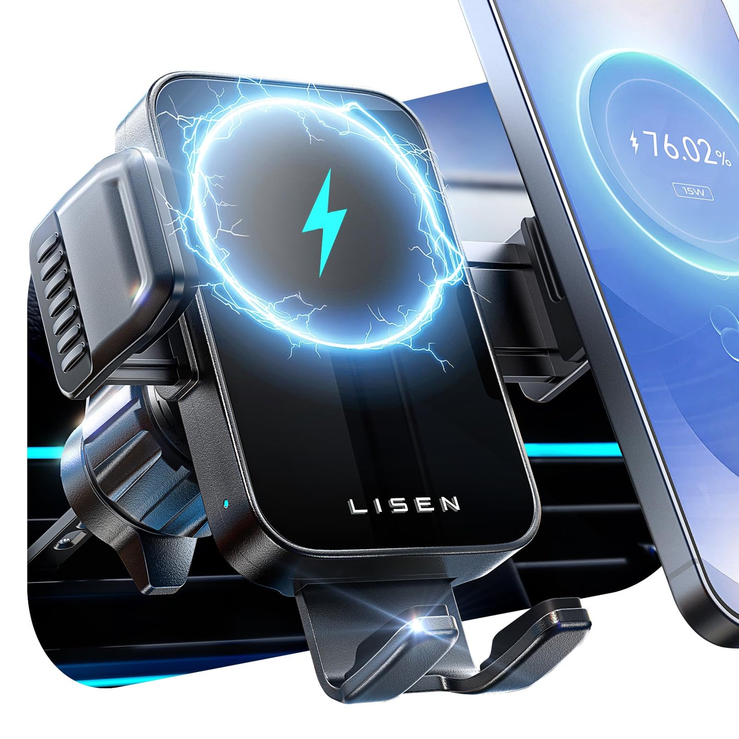 LISEN Wireless Car Charger 15W Support for Magsafe Car Mount Charger, Phone Holder Car, Support Cellulaire Auto, Car Accessories, Wireless Charger for Samsung Galaxy S25 iPhone 17 16,Deep Black