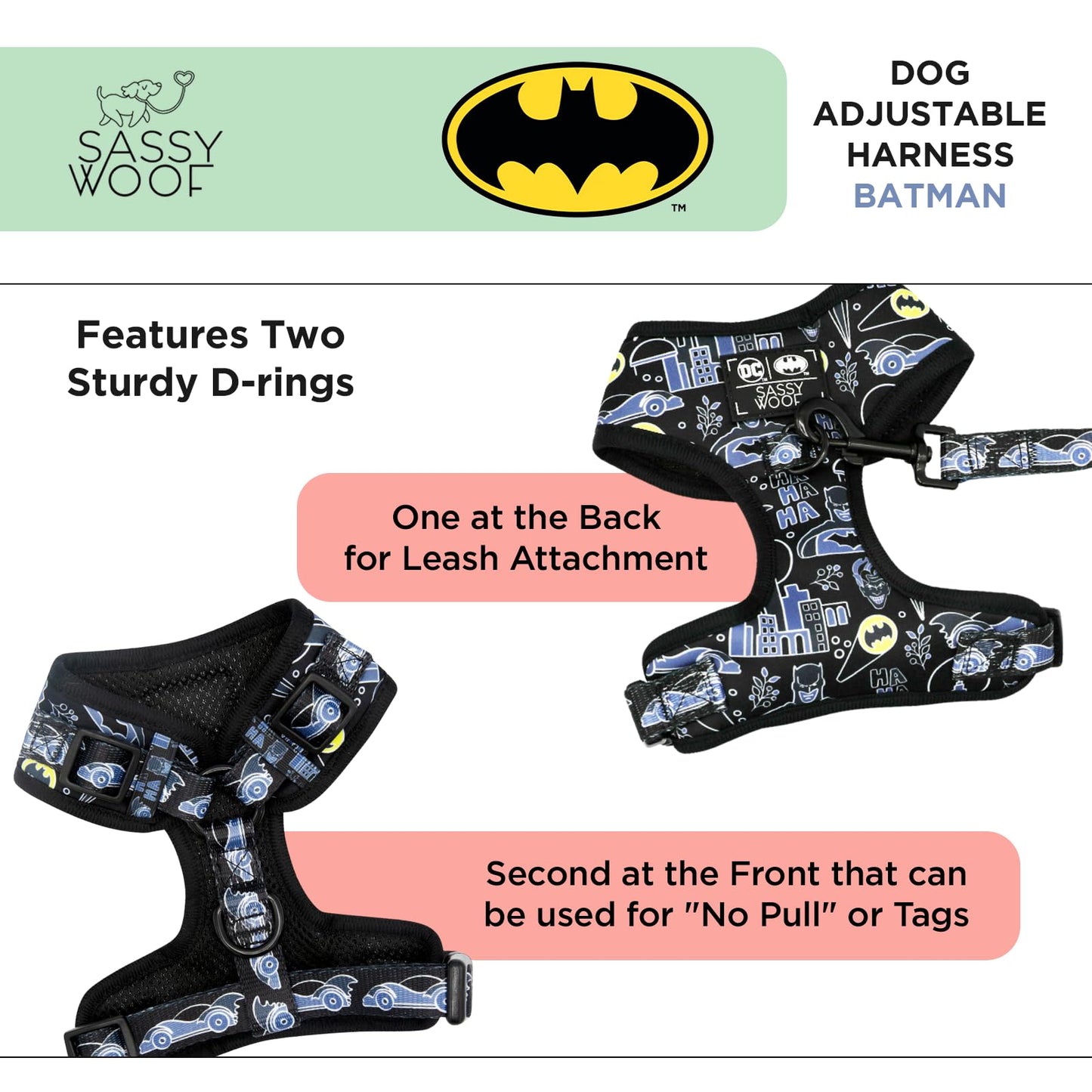 Sassy Woof Dog Adjustable Harness - Batman™ - M, Breathable Mesh, No Pull Design with Two D-Rings, Perfect for Medium Dogs