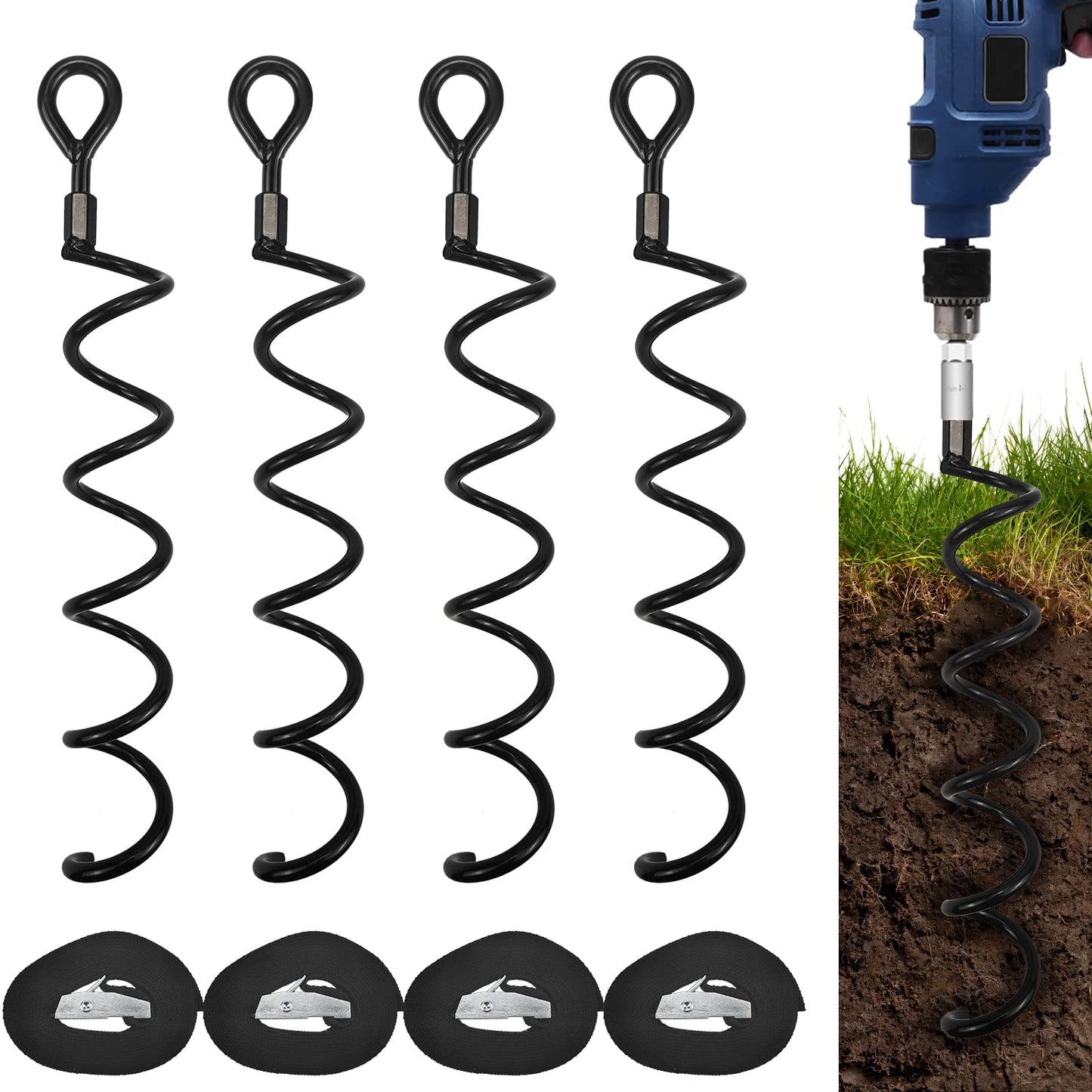 XYADX 16.3 Inch Spiral Ground Anchor Stake High Durable Earth Anchor Kit for Tents, Trampolines, Garden Fencing, Sheds, Swings, and Dog Tie Out Stake (Black 4 Pack)