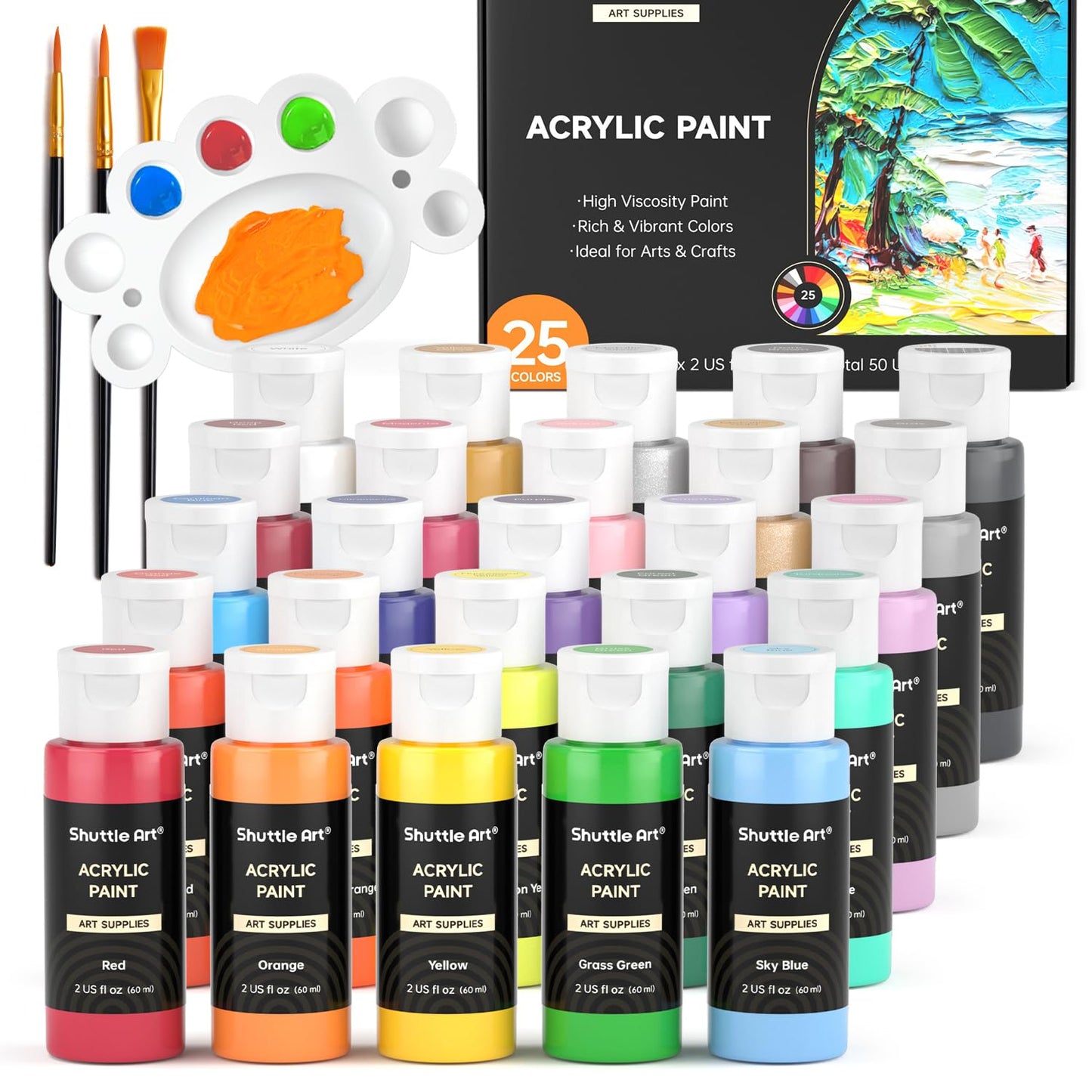 Shuttle Art Acrylic Paint, 25 Colors Acrylic Paint Set, 2oz/60ml Bottles, Rich Pigmented, Waterproof, Premium Acrylic Paints for Artists, Beginners and Kids on Canvas Rocks Wood Ceramic Fabric