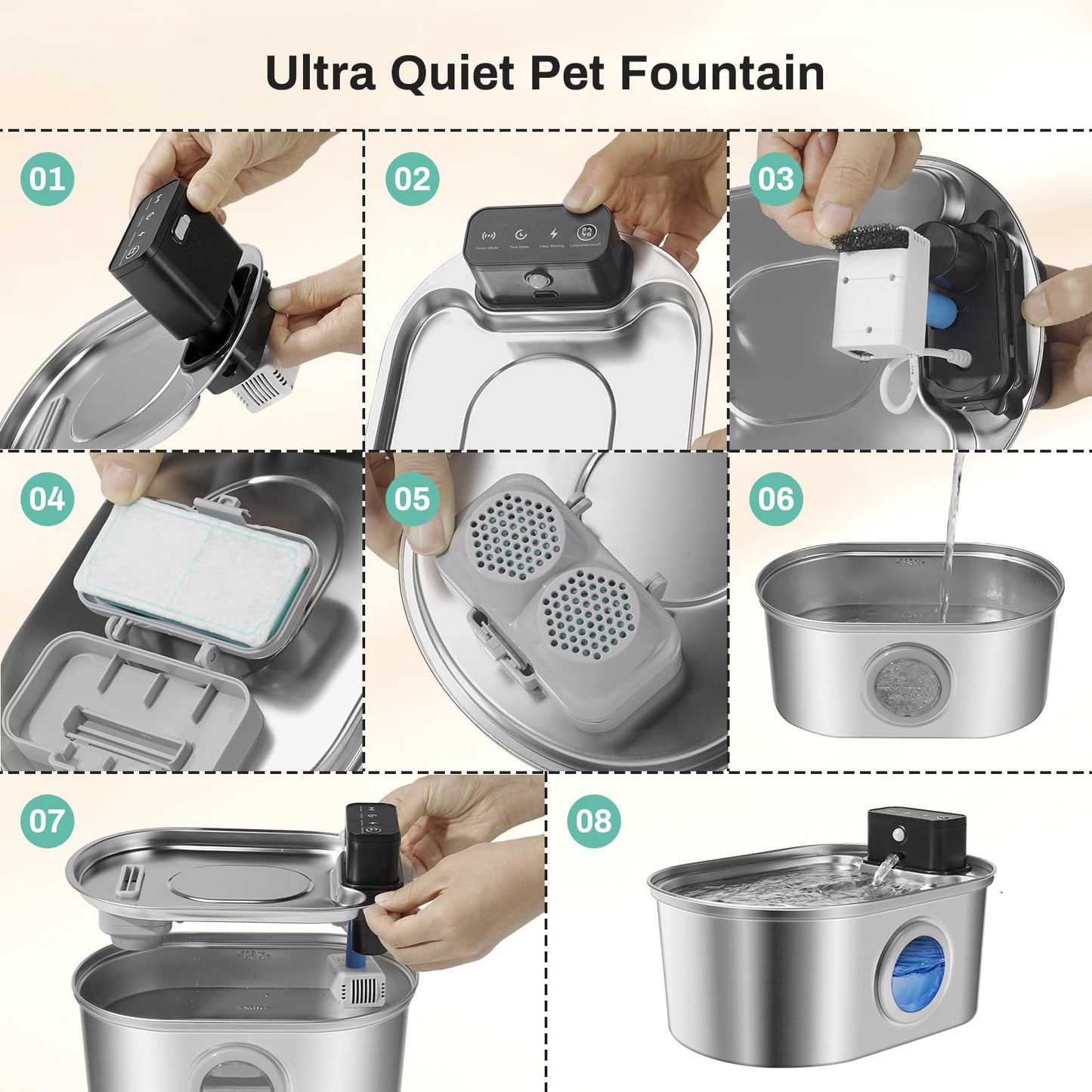 BFLICROY 3.2L Cordless Cat Water Fountain, Automatic Stainless Steel Pet Water Fountain with Motion Sensor, 4,000mAh Rechargeable Battery Operated Cat Water Dispenser, Ultra Quiet Drinking Fountain