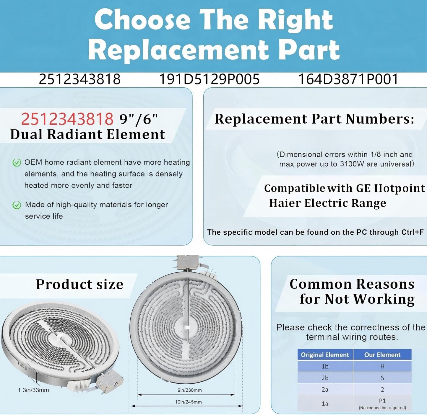 WB30T10133 Radiant Element 9in Dual Radiant Surface Element Compatibles with GE Electric Range Stove Over, 9in 6in Haliant Element Replace PS2321567, AP4345739, 1474218