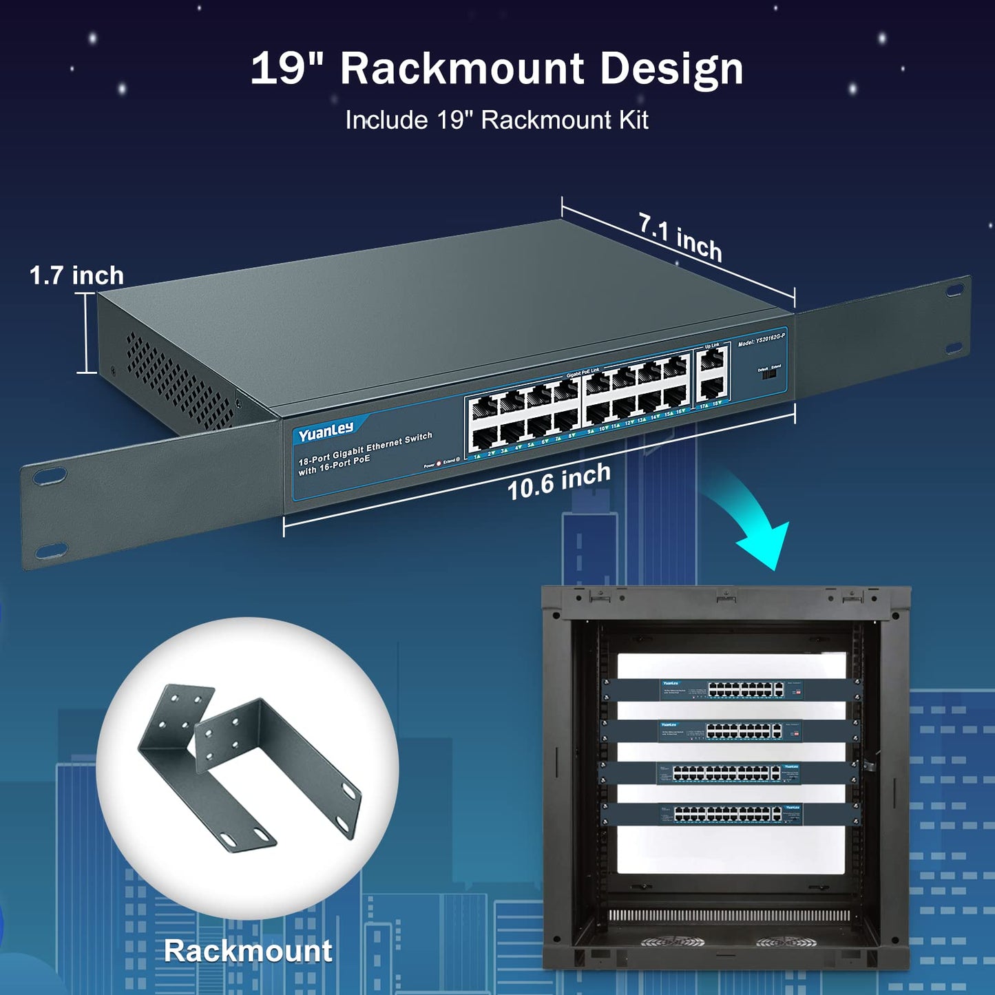 YuanLey 18 Port Gigabit PoE Switch, 16 Port poe+ 1000Mbps, 2 Gigabit uplink Ethernet Switch, 19 inch rackmount, Vlan Unmanaged