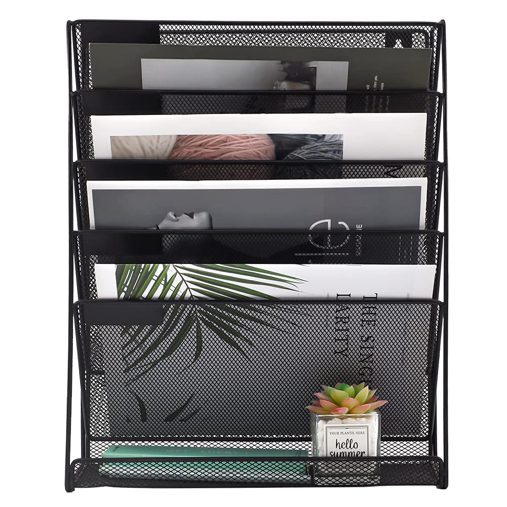 EASEPRES Mesh Hanging Wall File Holder Organizer Storage 6-Tier Black Paper Clipboard Rack Vertical Metal Wall Mounted Files Holder Organization for Office Home School, Black